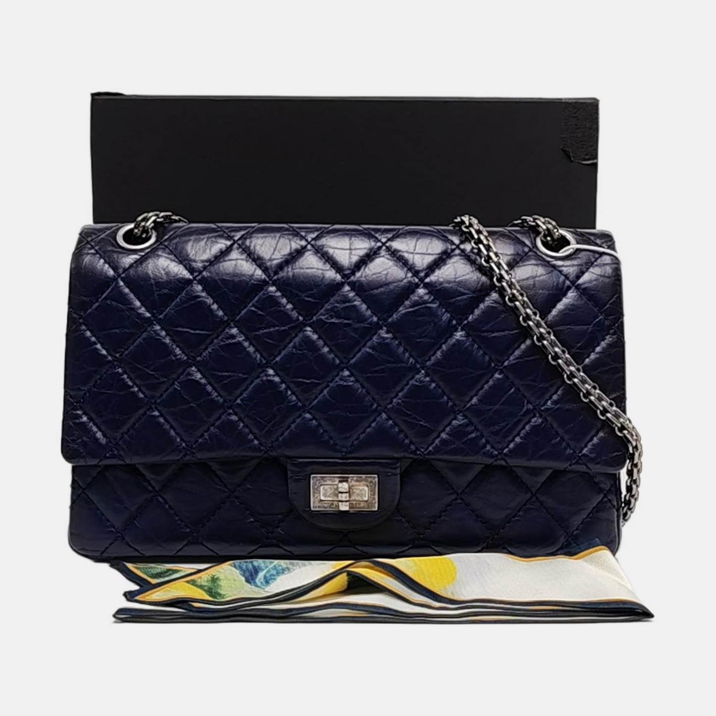 CHANEL 2.55 Large Deep Blue Vintage Calfskin Quilted Chevron Single Shoulder Bag with Palladium Hardware-(SKU)-955055136