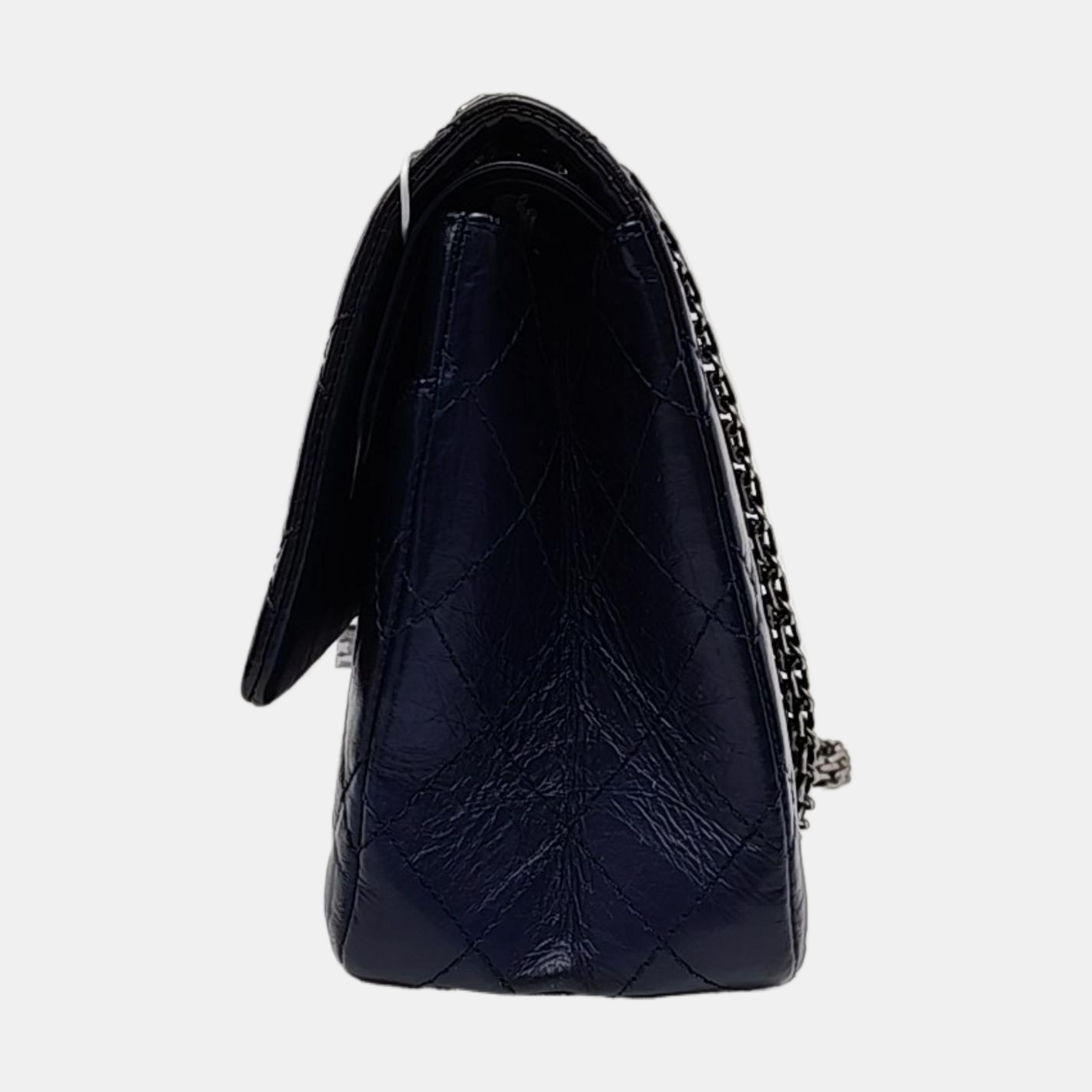 CHANEL 2.55 Large Deep Blue Vintage Calfskin Quilted Chevron Single Shoulder Bag with Palladium Hardware-(SKU)-955055136