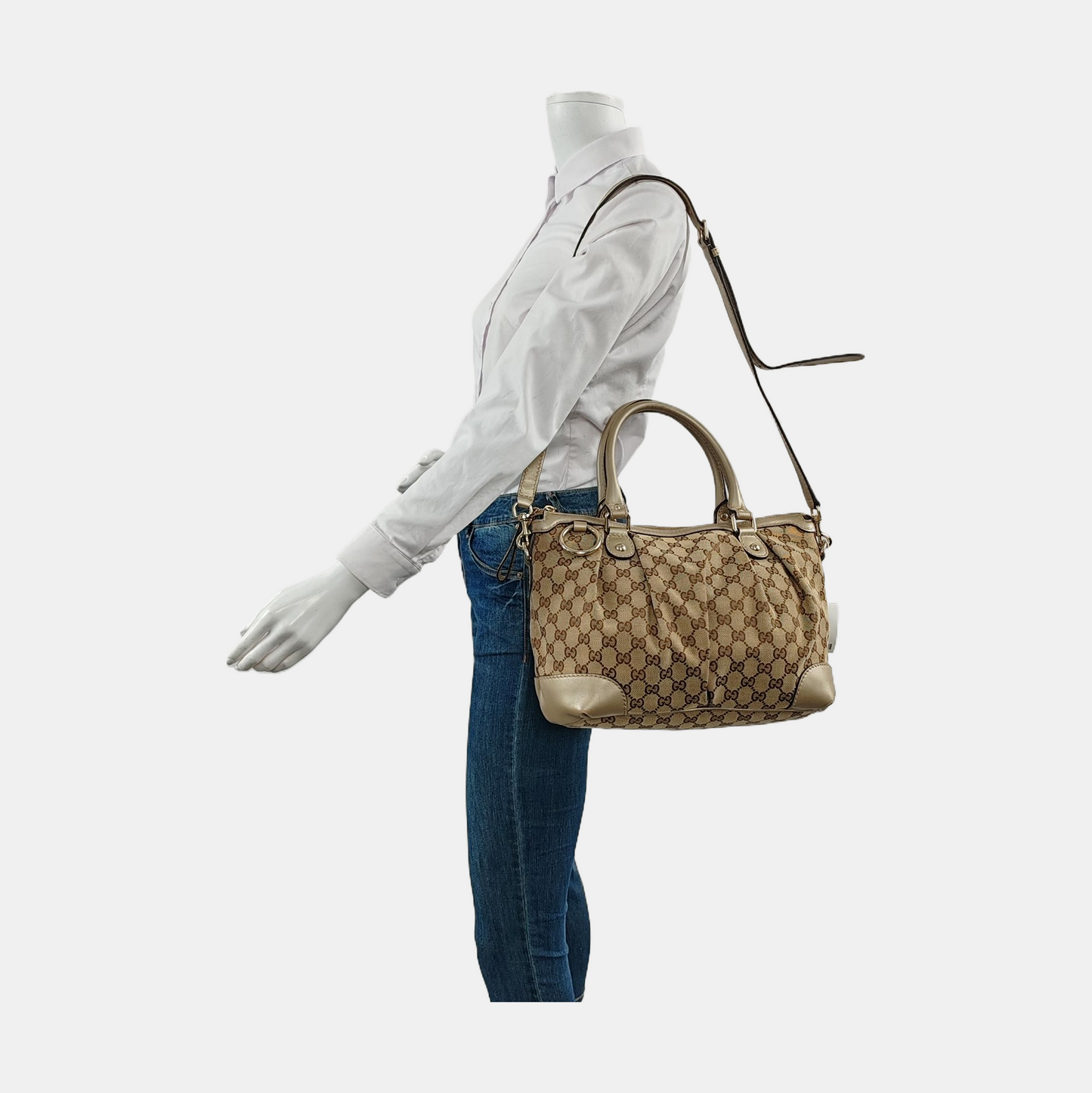 GUCCI Sukey Khaki Canvas Monogram Crossbody Bag Golden hardware Removable shoulder strap-(SKU)-958213257