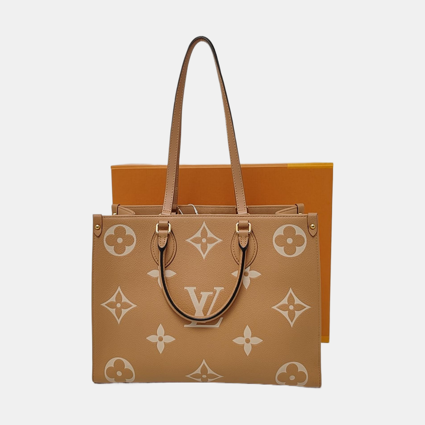 LOUIS VUITTON ONTHEGO Medium-sized Yellow Leather Monogram Embossed Jungle Bag Shoulder Bag Tote Bag Golden Hardware-(SKU)-958616180