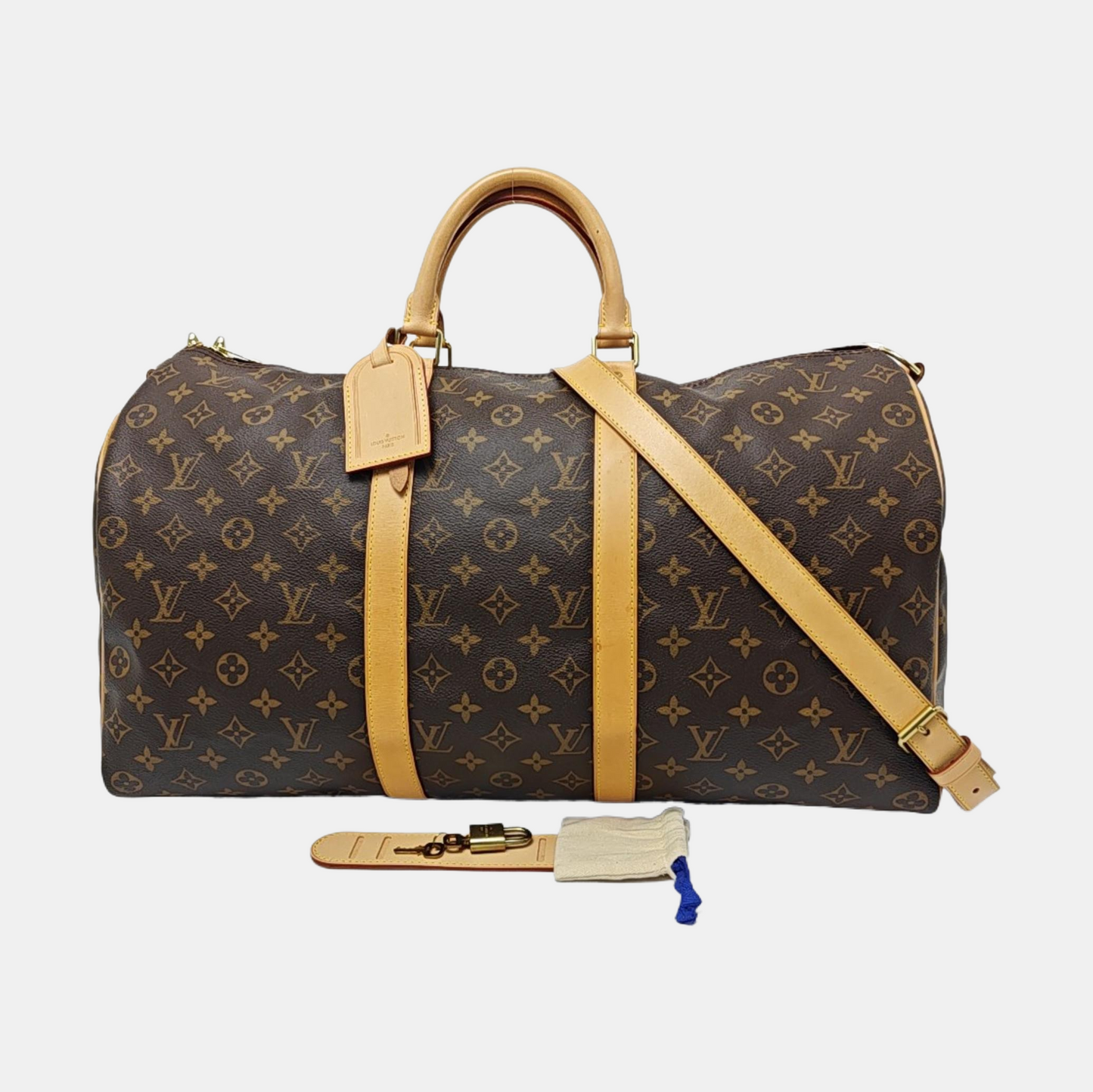 LOUIS VUITTON KEEPALL 50, brown coated canvas monogram Boston bag, shoulder bag, handbag with golden hardware and detachable strap-(SKU)-958409659