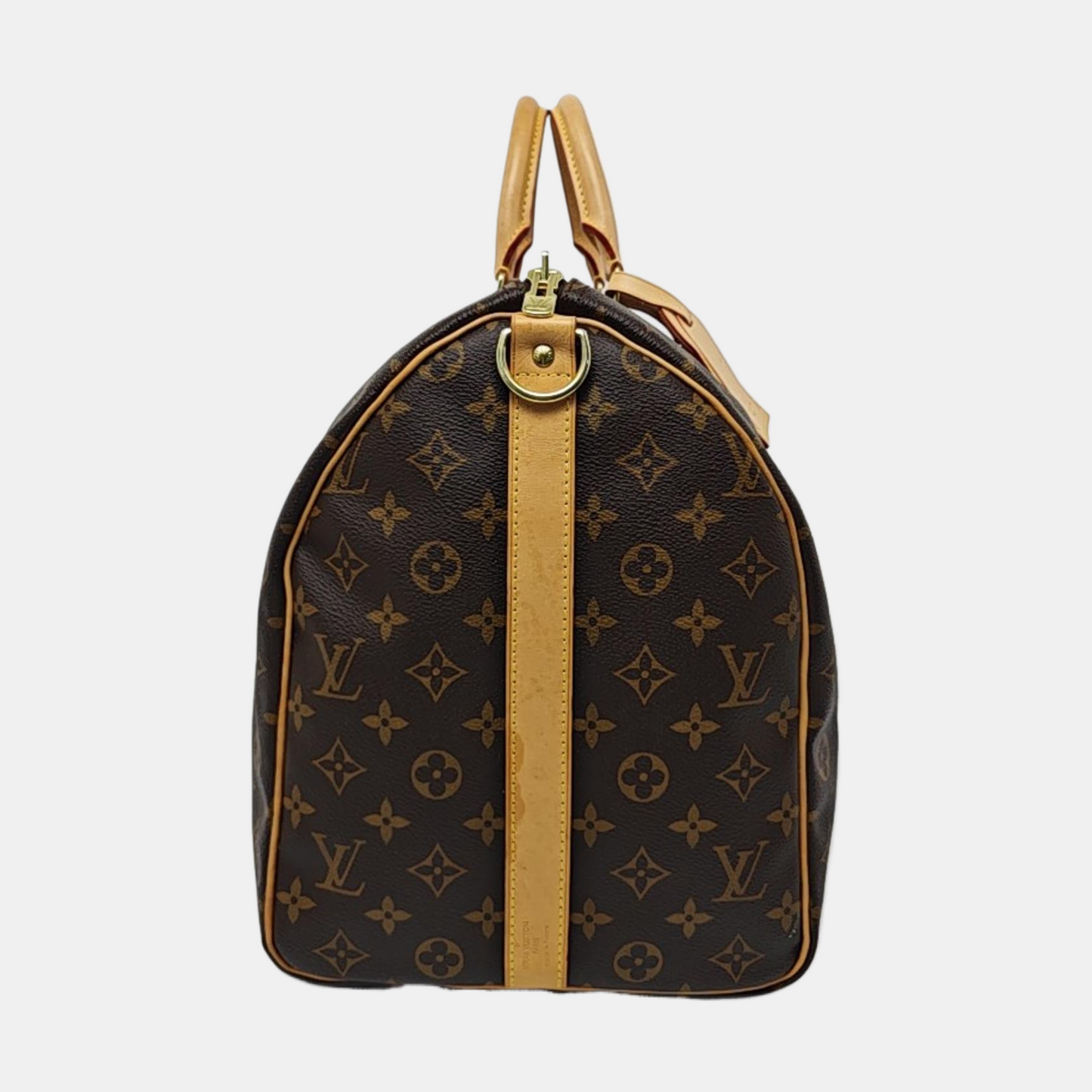 LOUIS VUITTON KEEPALL 50, brown coated canvas monogram Boston bag, shoulder bag, handbag with golden hardware and detachable strap-(SKU)-958409659