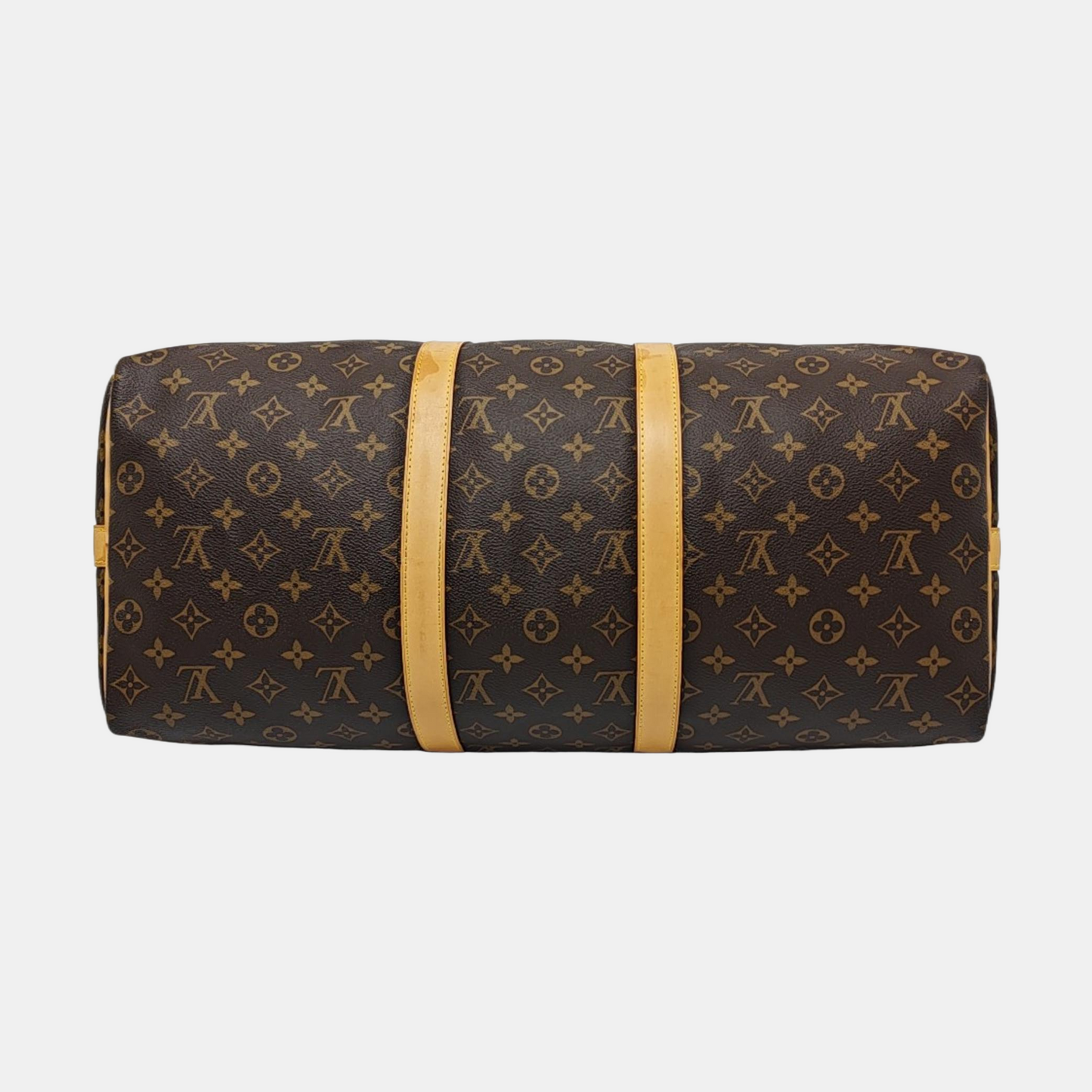 LOUIS VUITTON KEEPALL 50, brown coated canvas monogram Boston bag, shoulder bag, handbag with golden hardware and detachable strap-(SKU)-958409659
