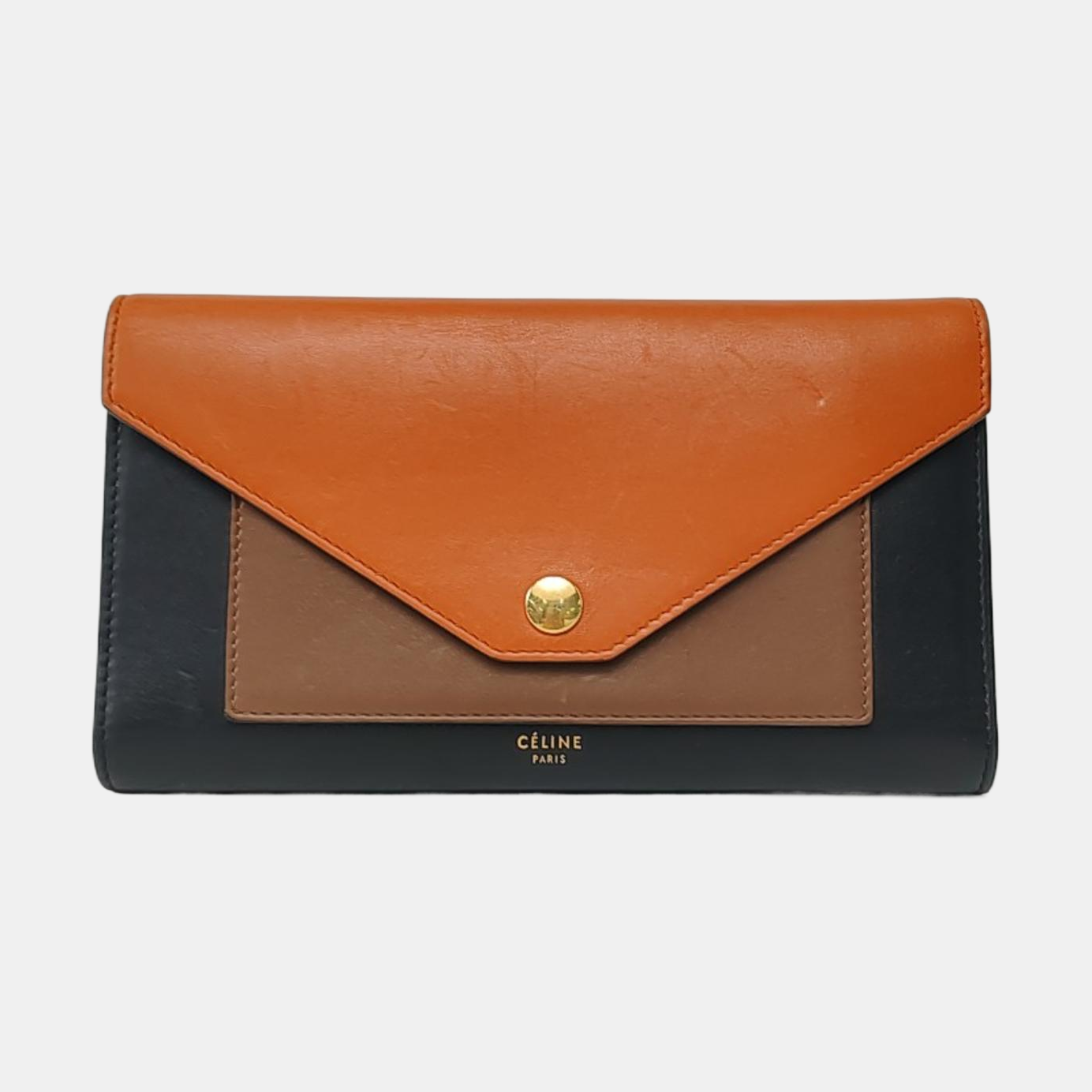 CELINE POCKET Mustard Yellow Leather Wallet Golden hardware-(SKU)-958371129