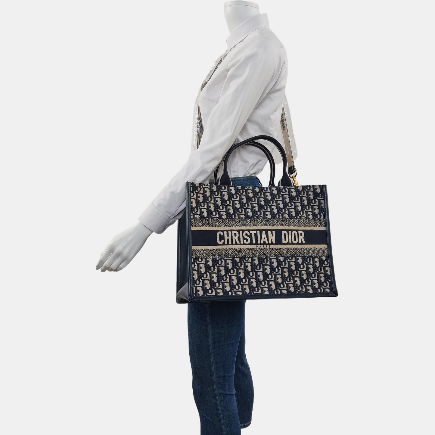 DIOR Book Tote Medium Blue Canvas Monogram Embroidered Shoulder Bag Tote Bag Golden Hardware Removable Strap-(SKU)-958662248