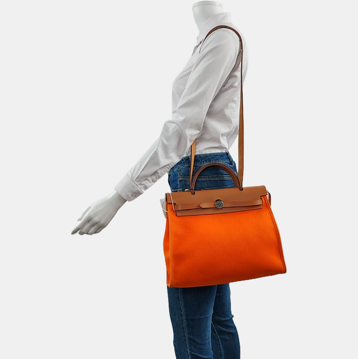 HERMÈS Herbag 31 Orange Canvas Tote Shoulder Bag with Silver Hardware-(SKU)-958901332