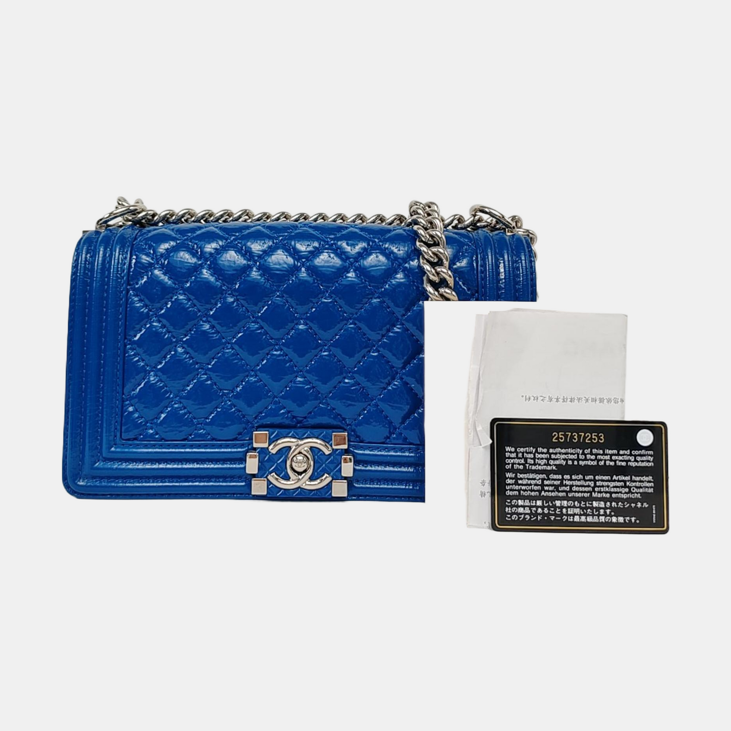 CHANEL BOY CHANEL Medium Blue Patent Calfskin Quilted V Crossbody Shoulder Bag Silver and Blue Hardware 25 Opening Removable Shoulder Strap-(SKU)-958774113
