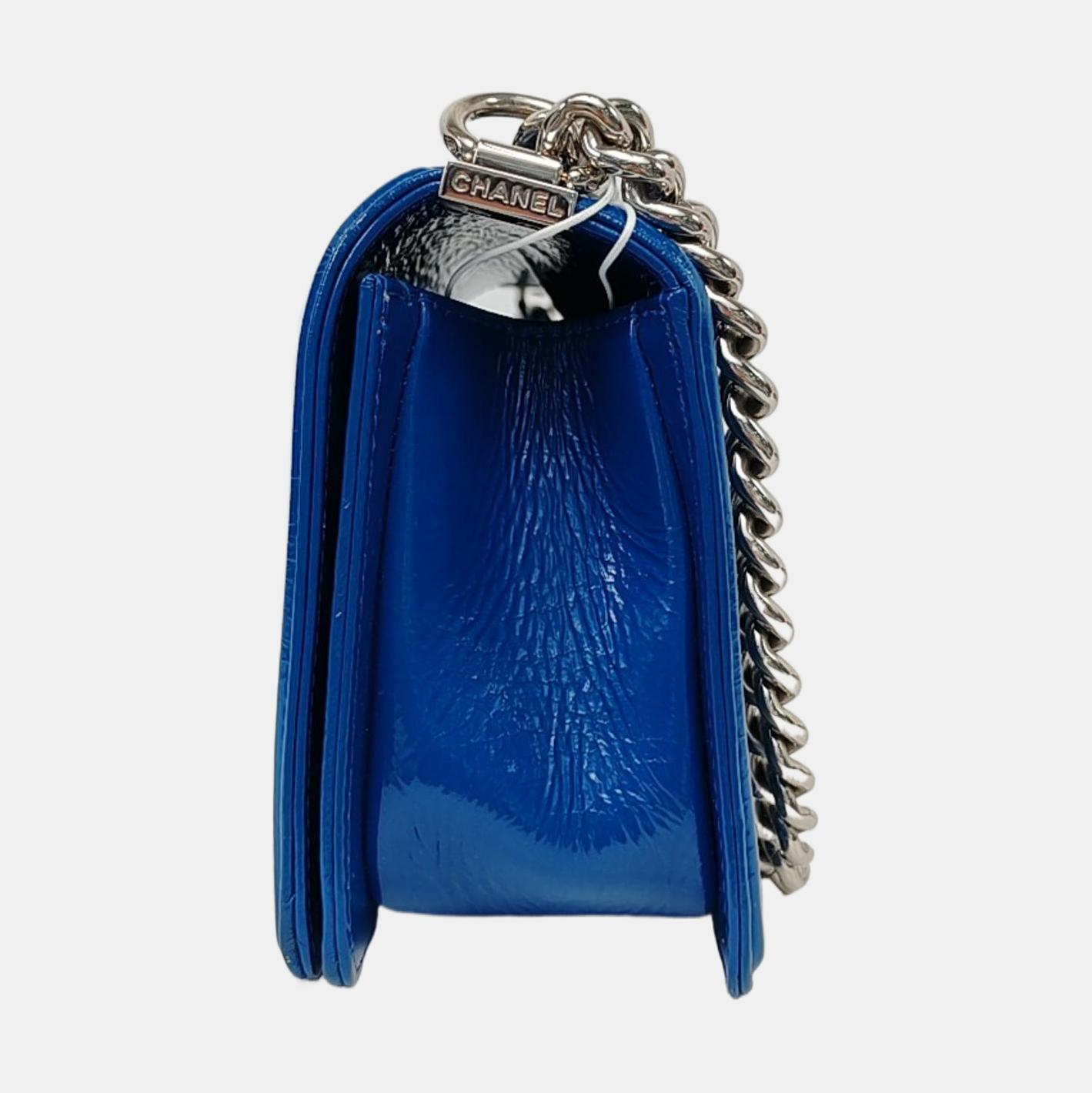 CHANEL BOY CHANEL Medium Blue Patent Calfskin Quilted V Crossbody Shoulder Bag Silver and Blue Hardware 25 Opening Removable Shoulder Strap-(SKU)-958774113