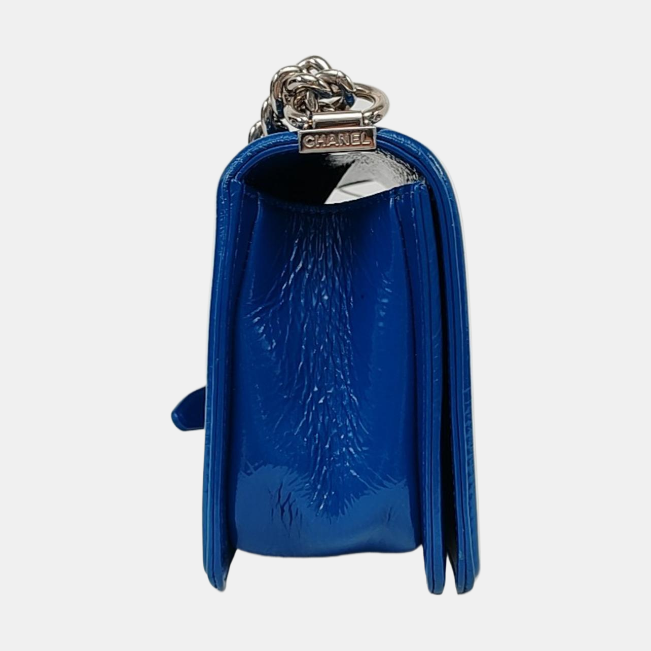 CHANEL BOY CHANEL Medium Blue Patent Calfskin Quilted V Crossbody Shoulder Bag Silver and Blue Hardware 25 Opening Removable Shoulder Strap-(SKU)-958774113