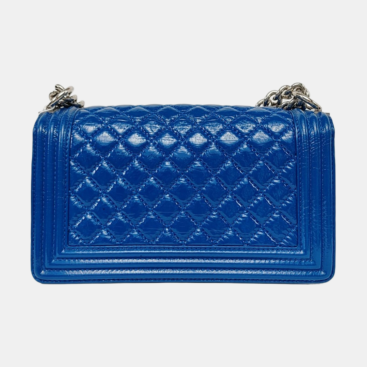 CHANEL BOY CHANEL Medium Blue Patent Calfskin Quilted V Crossbody Shoulder Bag Silver and Blue Hardware 25 Opening Removable Shoulder Strap-(SKU)-958774113