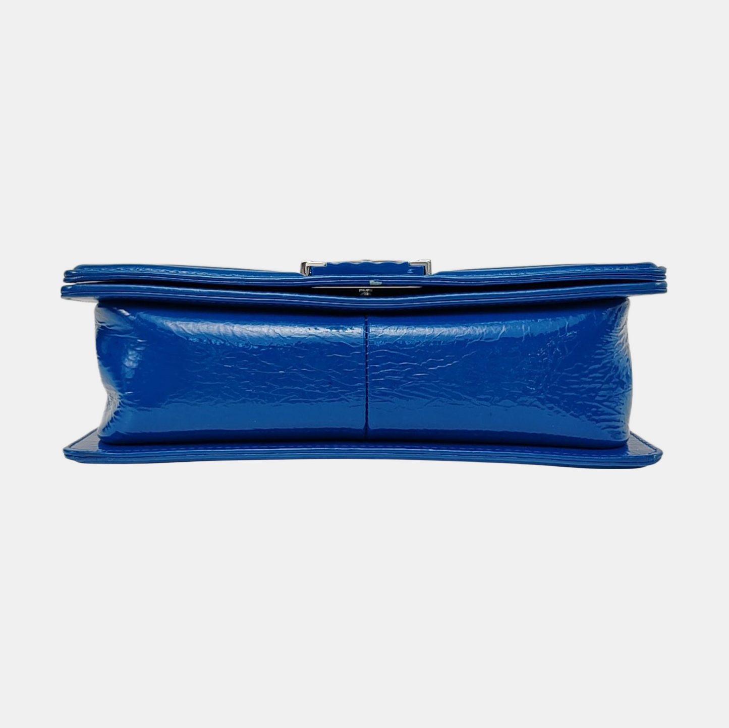CHANEL BOY CHANEL Medium Blue Patent Calfskin Quilted V Crossbody Shoulder Bag Silver and Blue Hardware 25 Opening Removable Shoulder Strap-(SKU)-958774113