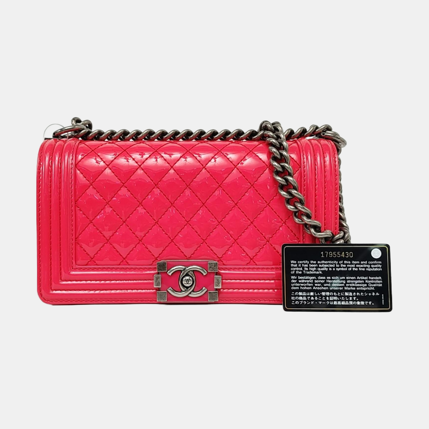 CHANEL BOY CHANEL Medium Pink Patent Leather Quilted Shoulder Bag with Chain Strap, Palladium Hardware, 17 Flap, Removable Shoulder Strap-(SKU)-958774590