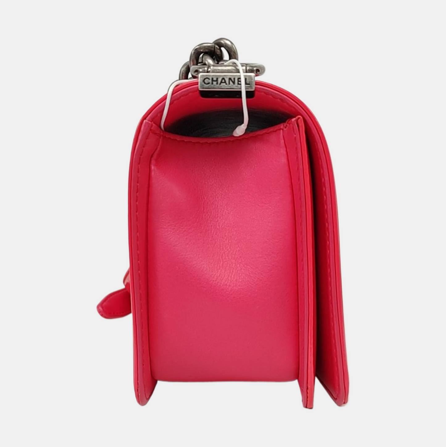 CHANEL BOY CHANEL Medium Pink Patent Leather Quilted Shoulder Bag with Chain Strap, Palladium Hardware, 17 Flap, Removable Shoulder Strap-(SKU)-958774590