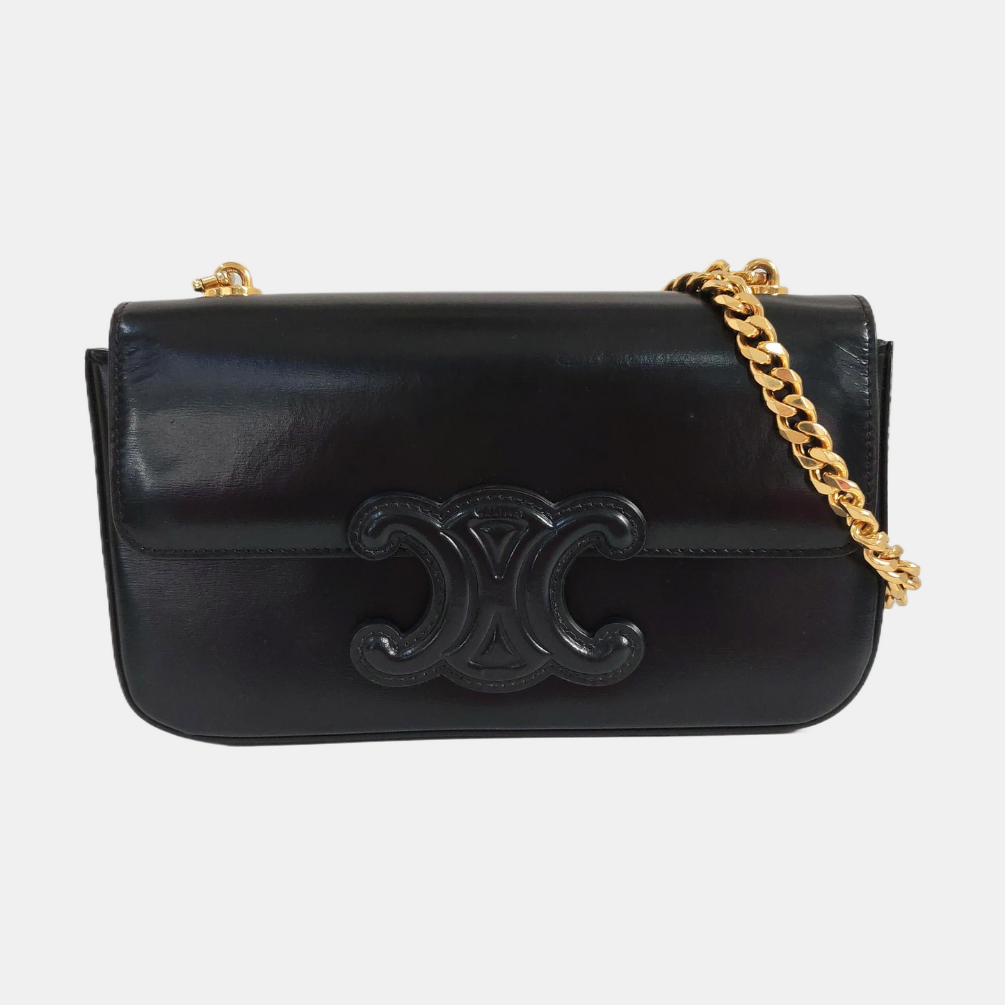 CELINE TRIOMPHE Black Calfskin Triumph Shoulder Bag Crossbody Bag Golden Black Hardware-(SKU)-958645648