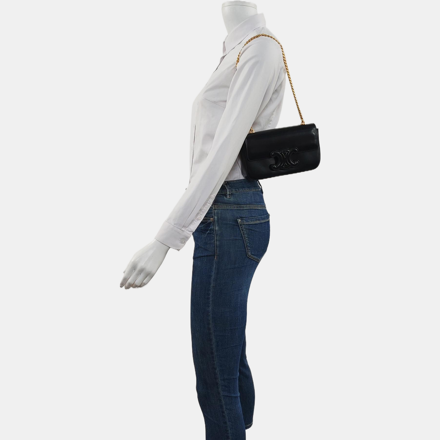 CELINE TRIOMPHE Black Calfskin Triumph Shoulder Bag Crossbody Bag Golden Black Hardware-(SKU)-958645648