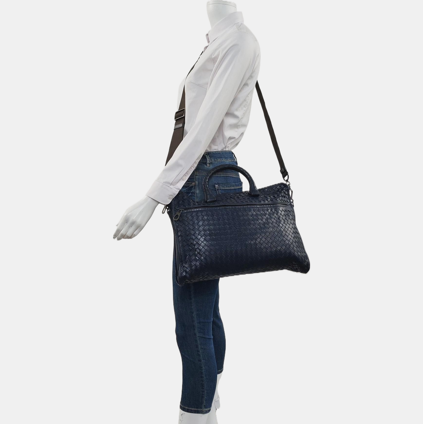 BOTTEGA VENETA Dark Blue Sheepskin Woven Single Shoulder Bag Handbag Ruthenium color hardware Removable shoulder strap-(SKU)-954022155