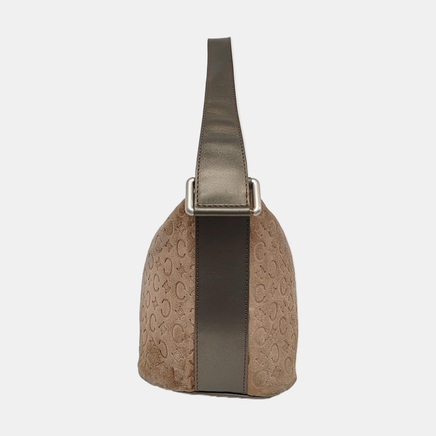 CELINE Khaki Velvet Leather Triumph Arch Embossed Single Shoulder Bag Handbag Silver Hardware-(SKU)-958683892