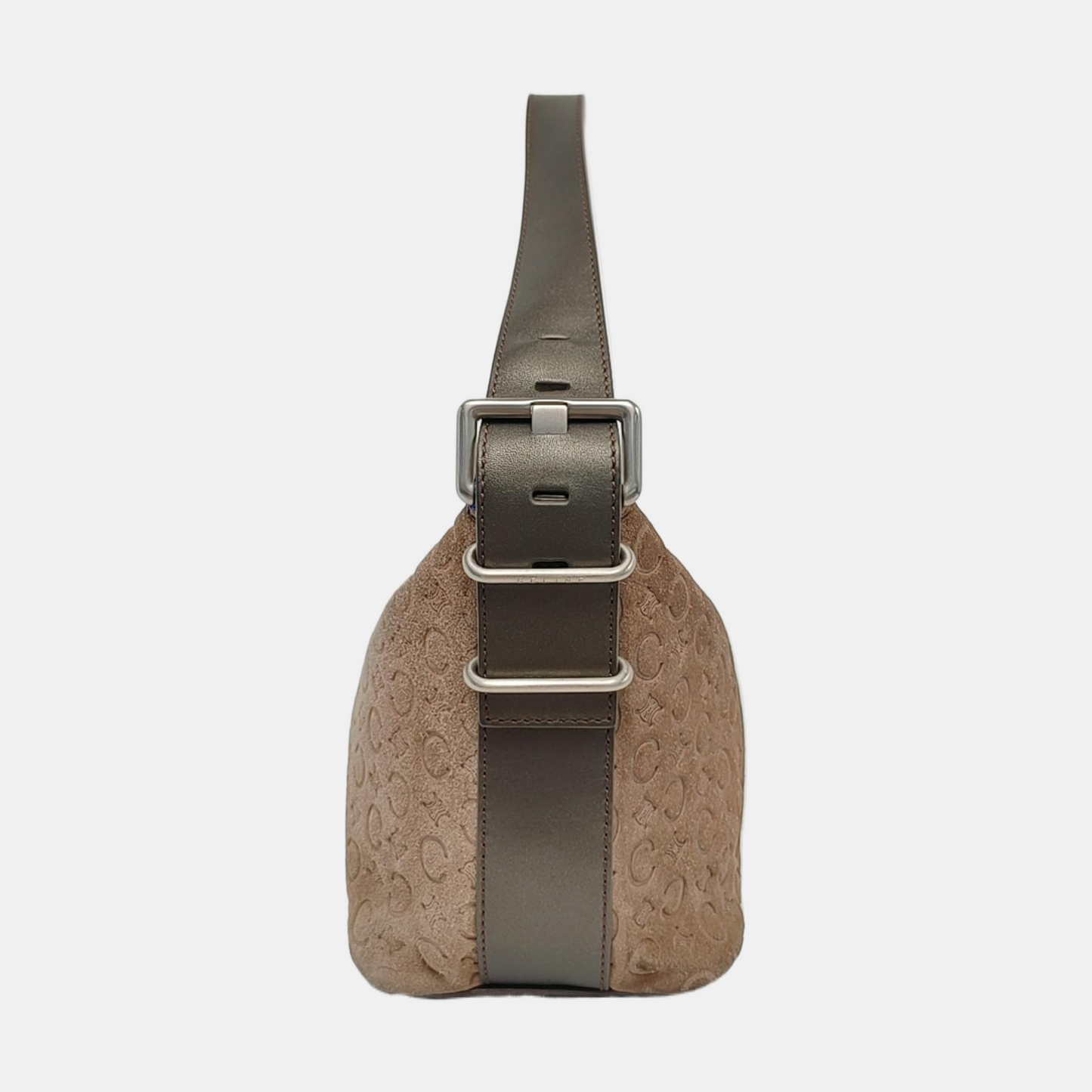 CELINE Khaki Velvet Leather Triumph Arch Embossed Single Shoulder Bag Handbag Silver Hardware-(SKU)-958683892