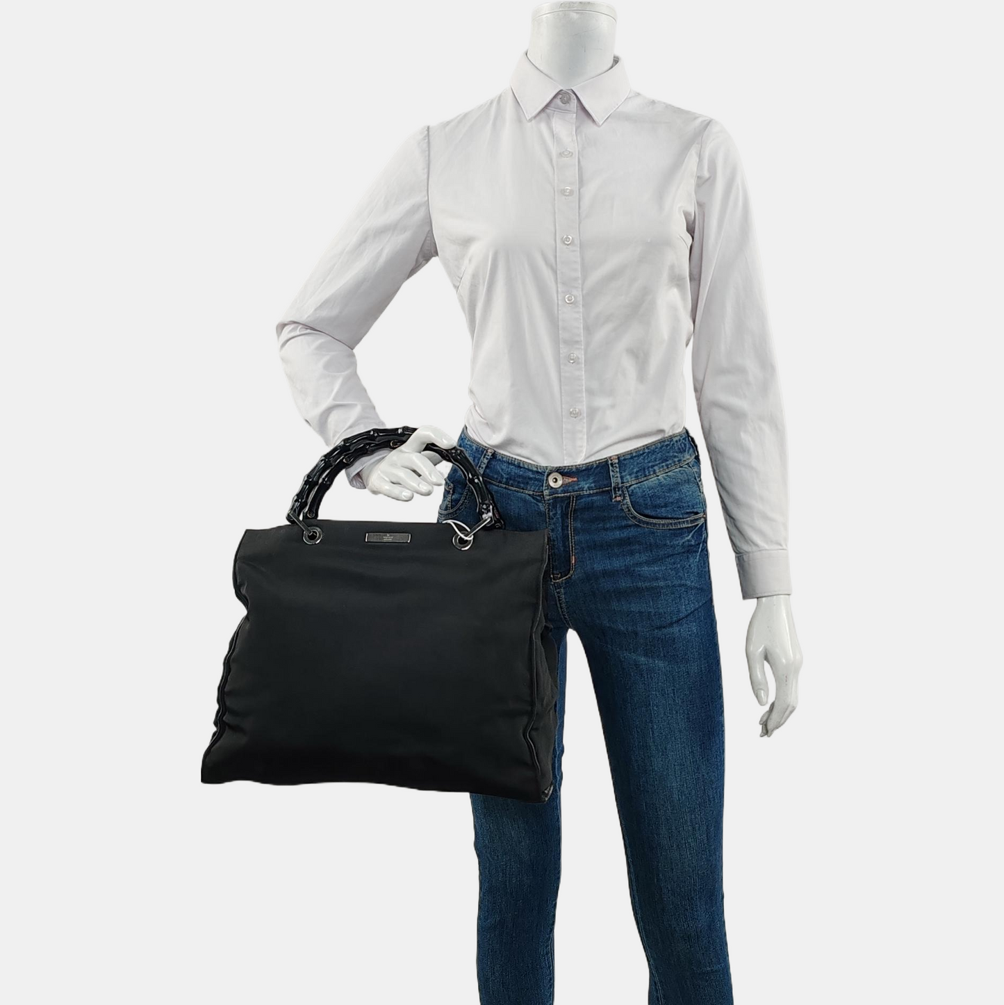 GUCCI Bamboo 1947 Black Fabric Bamboo Handle Bag Handbag Silver Hardware-(SKU)-958886025