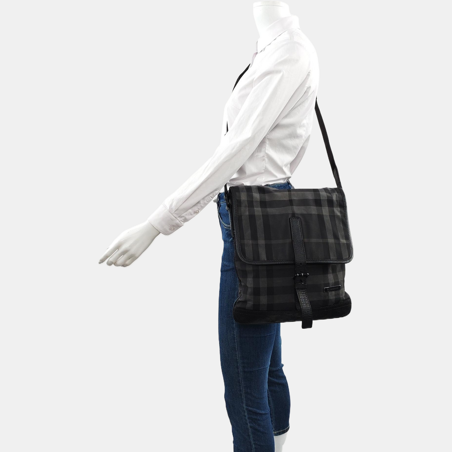 BURBERRY Dark Gray Nylon Battle Horse Plaid Single Shoulder Bag Crossbody Bag Ruthenium color hardware-(SKU)-958749400