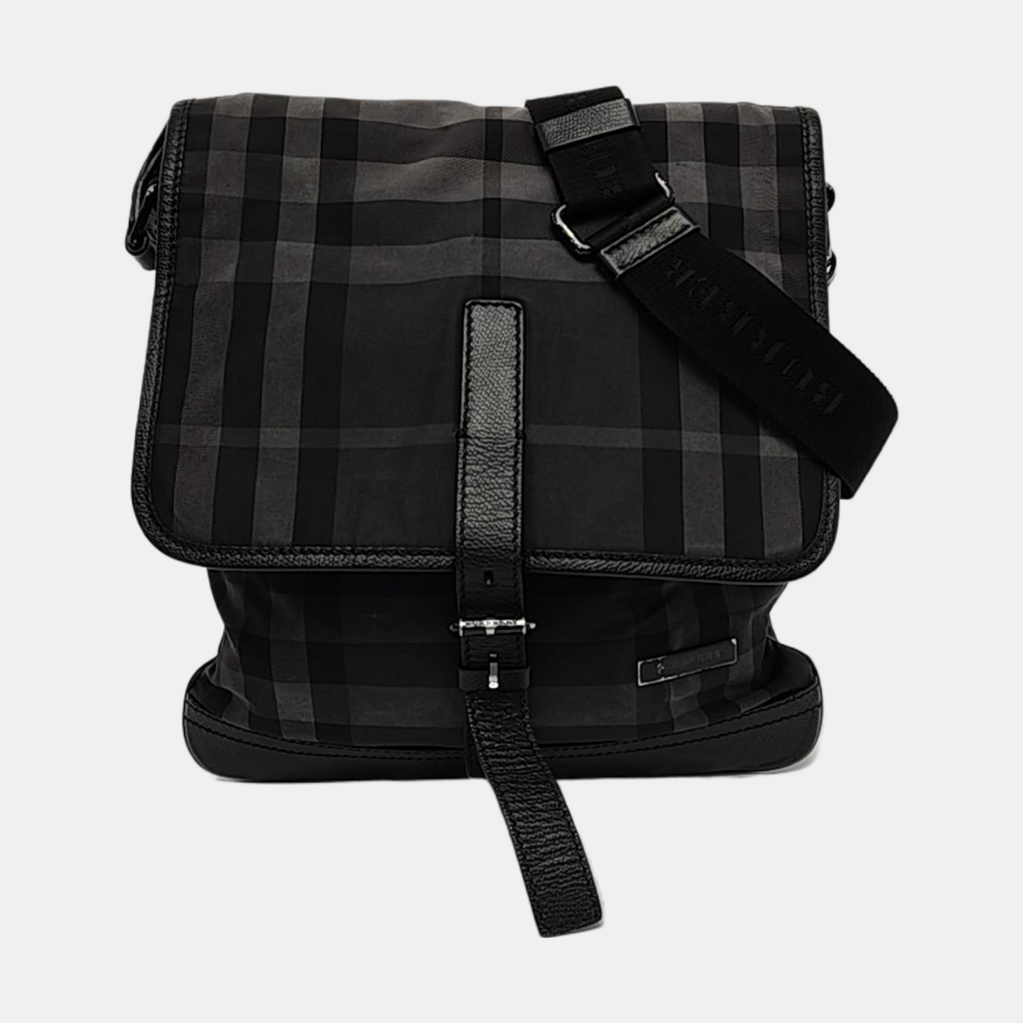 BURBERRY Dark Gray Nylon Battle Horse Plaid Single Shoulder Bag Crossbody Bag Ruthenium color hardware-(SKU)-958749400