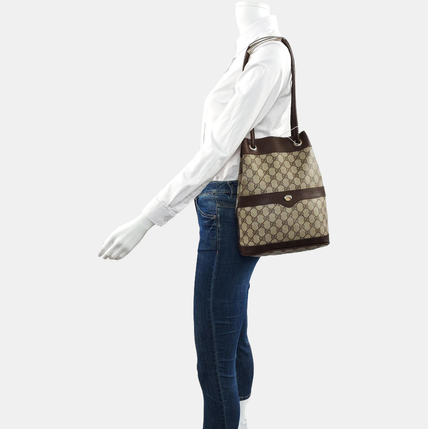 GUCCI Bucket bag Khaki Coated Canvas Monogrammed Single Shoulder Bag Golden Silver Hardware-(SKU)-958759769