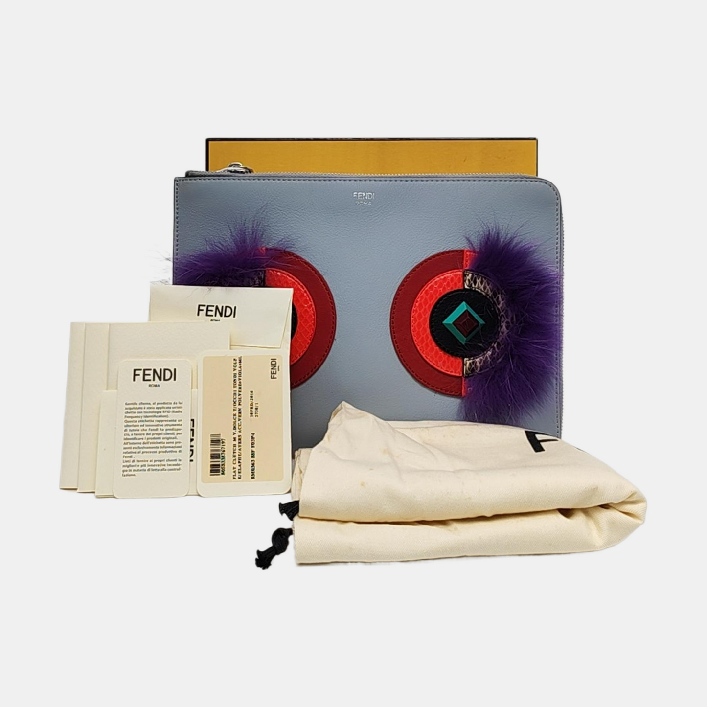 FENDI Grey Cowhide Mini Monster Clutch Bag Silver Hardware Complete Accessories-(SKU)-958826475