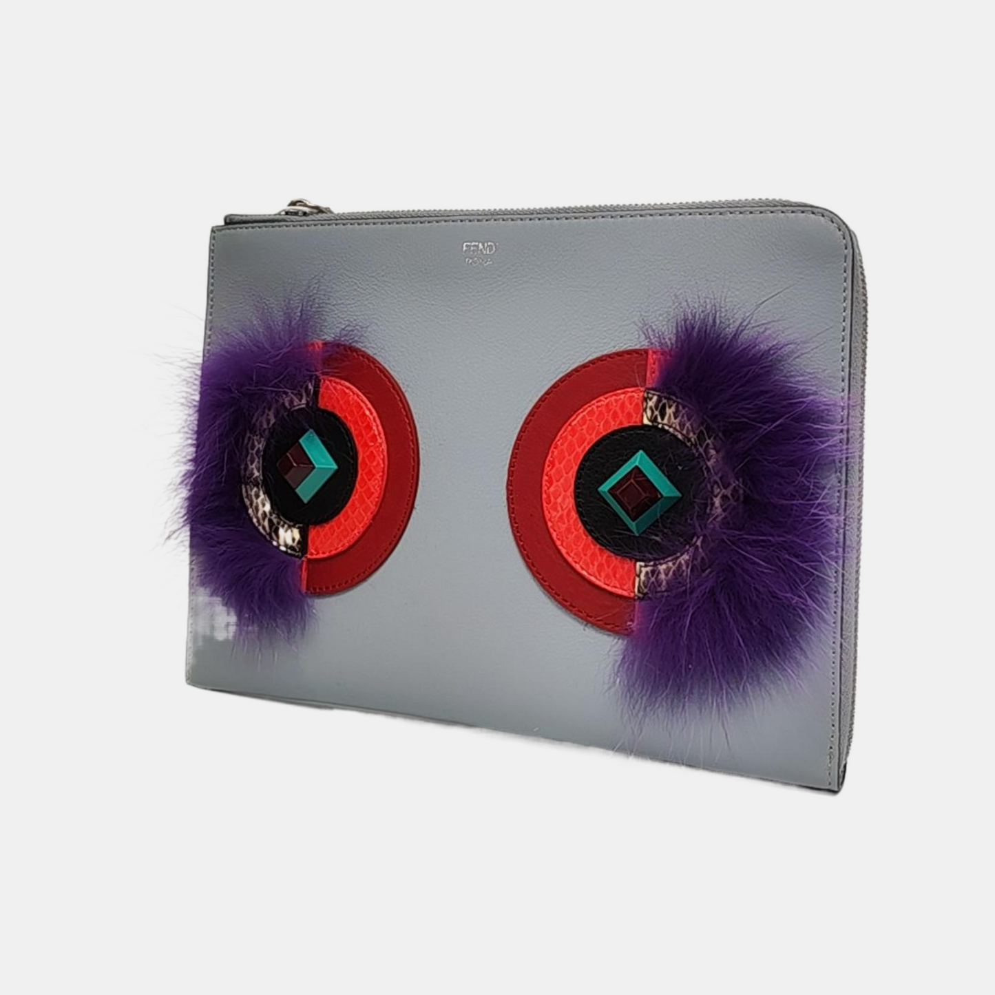 FENDI Grey Cowhide Mini Monster Clutch Bag Silver Hardware Complete Accessories-(SKU)-958826475