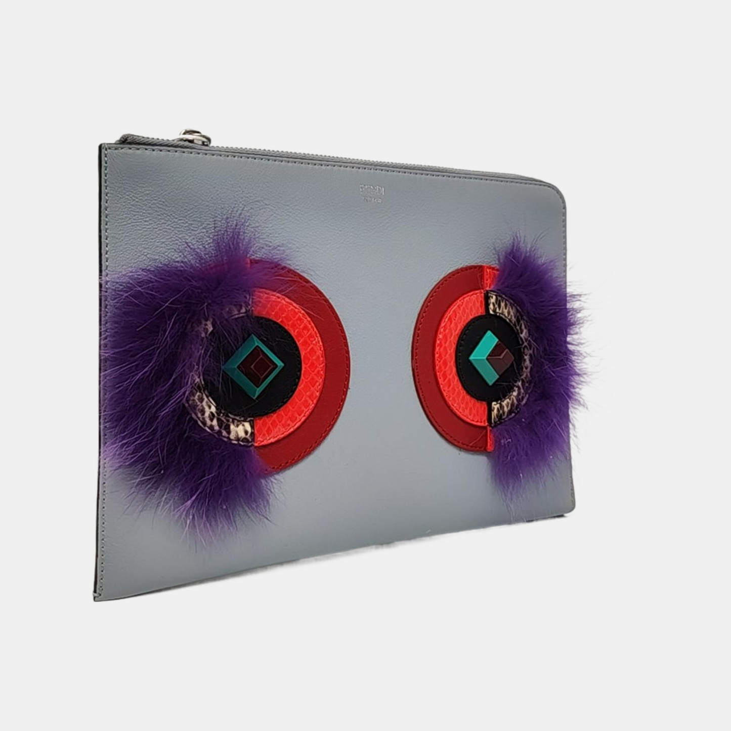 FENDI Grey Cowhide Mini Monster Clutch Bag Silver Hardware Complete Accessories-(SKU)-958826475