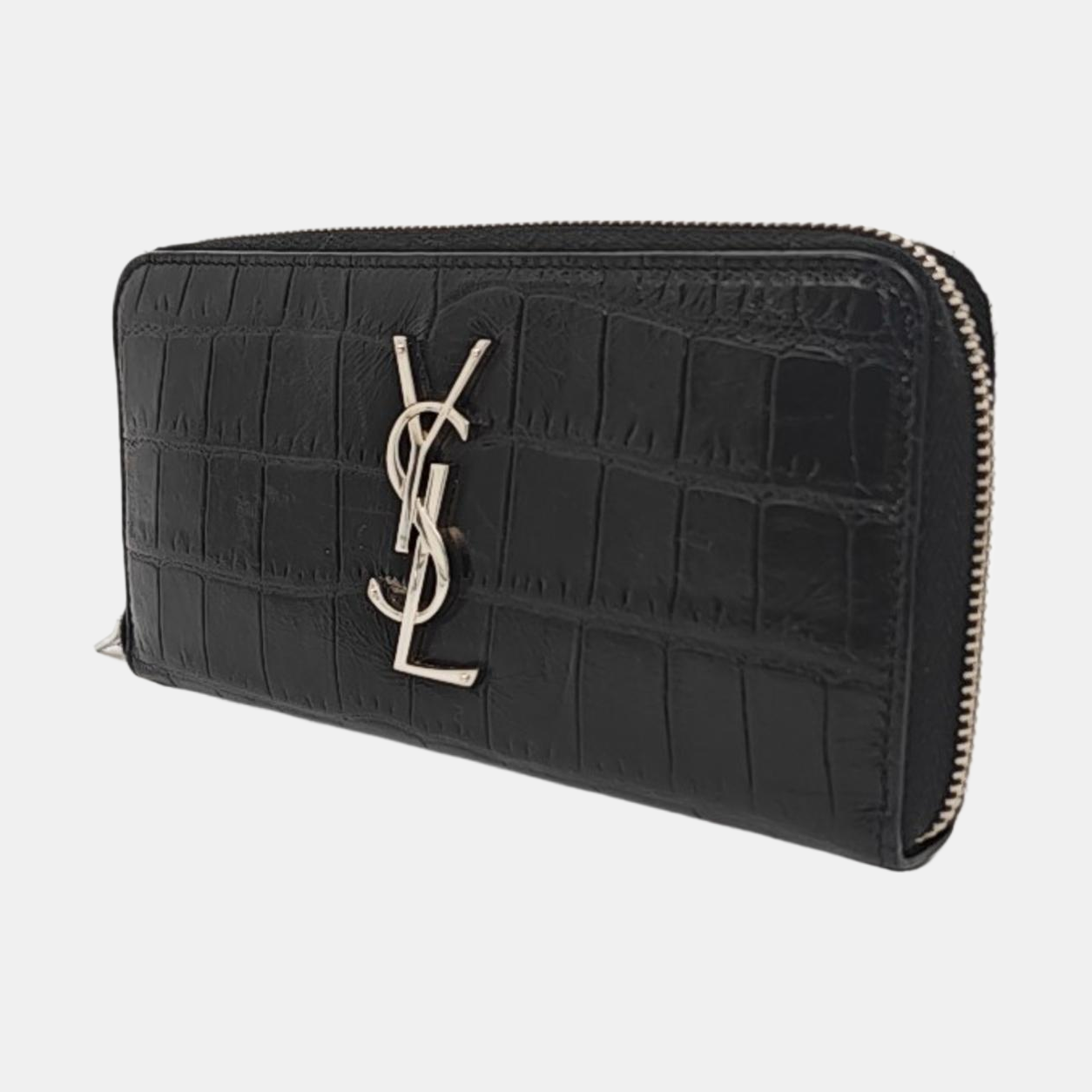 YSL KATE Black cowhide crocodile leather wallet Silver Hardware-(SKU)-958931869