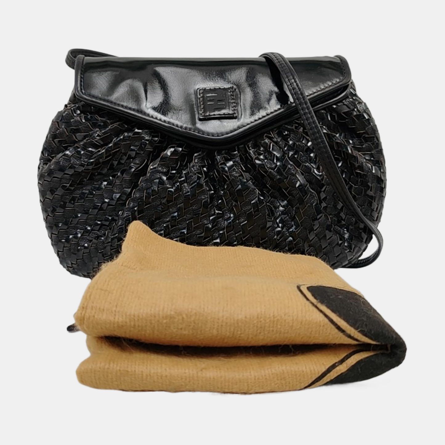 FENDI Black Leather Woven Single Shoulder Handbag Silver Hardware Removable shoulder strap-(SKU)-959209591