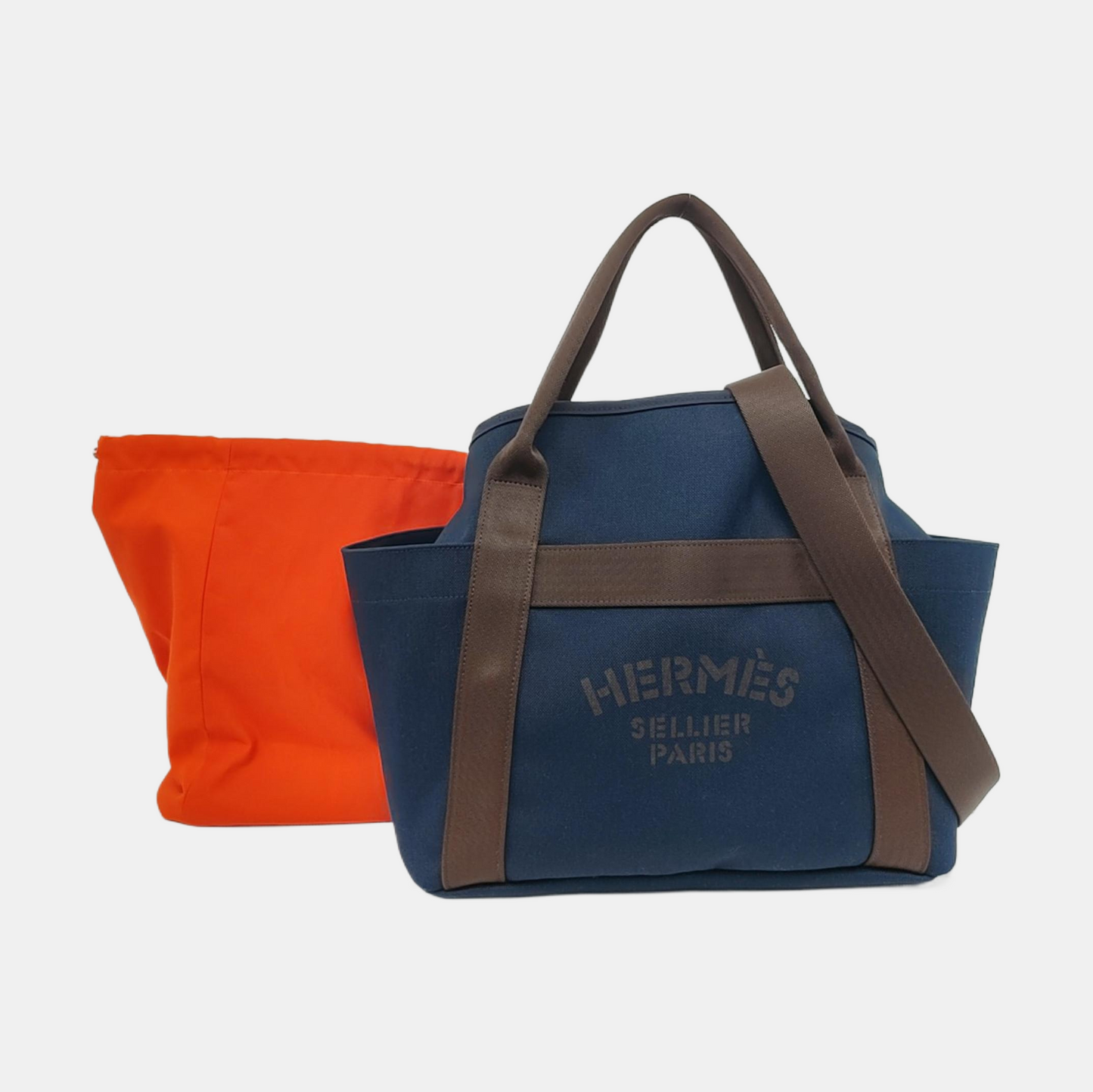 HERMÈS Sac De Pansage 38 Deep Blue Canvas Crossbody Shoulder Bag Tote Bag Silver Hardware D Engraving Removable Shoulder Strap-(SKU)-959089355