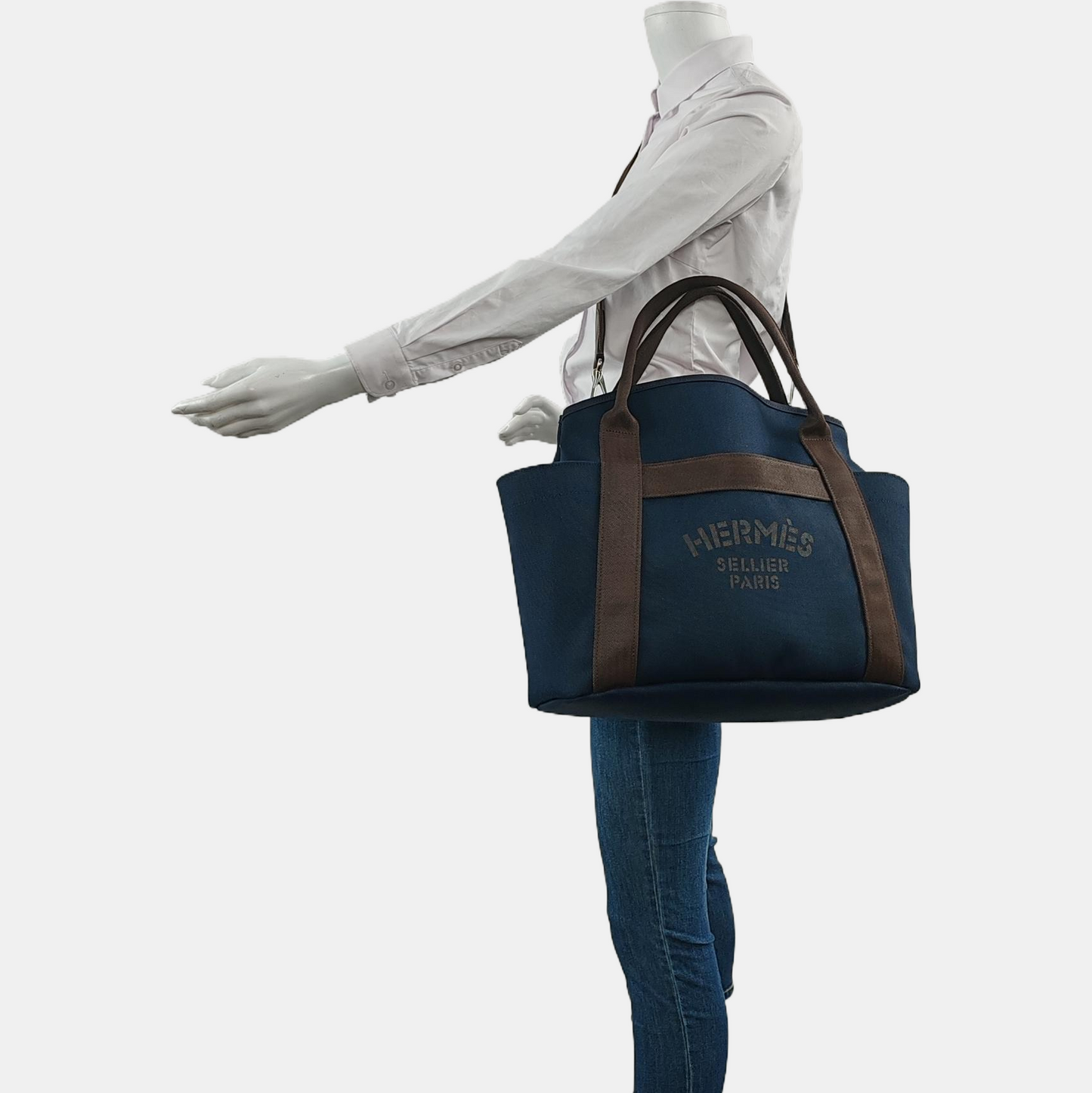 HERMÈS Sac De Pansage 38 Deep Blue Canvas Crossbody Shoulder Bag Tote Bag Silver Hardware D Engraving Removable Shoulder Strap-(SKU)-959089355