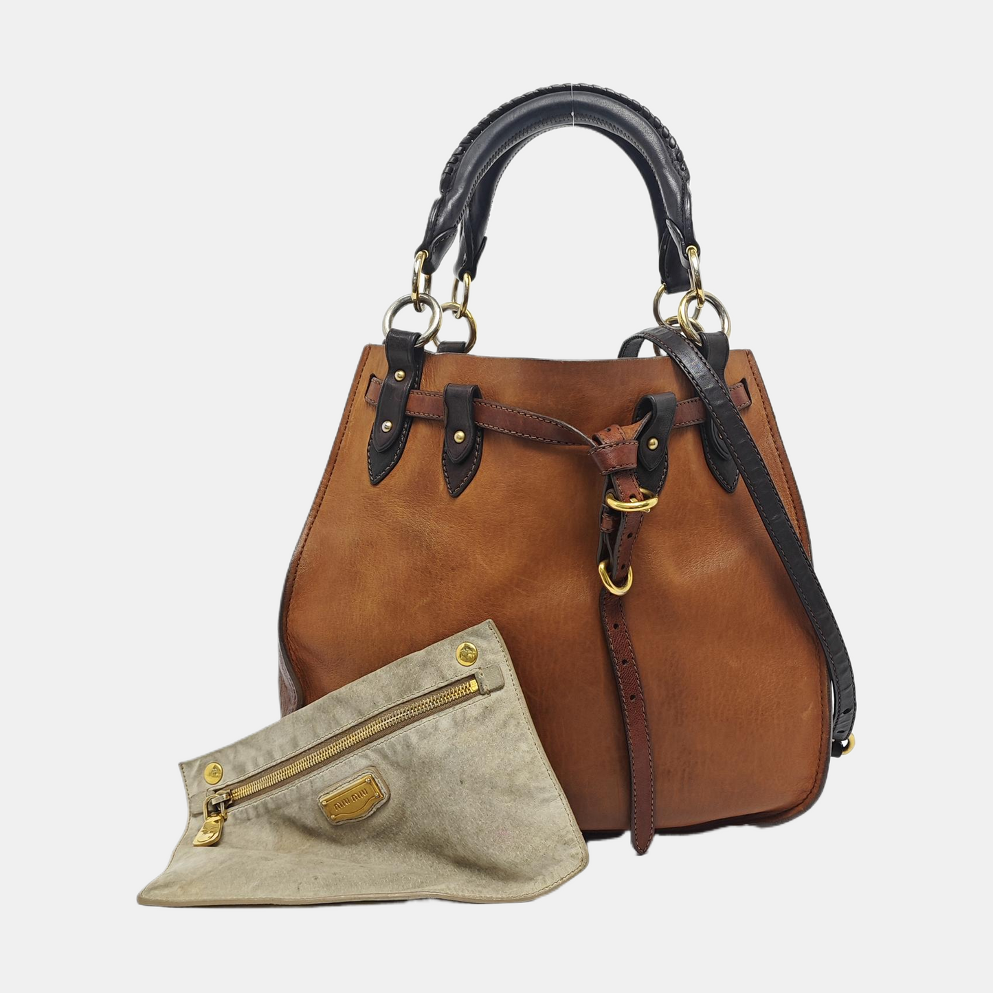 Miu Miu Tote bag Brown cowhide studded single shoulder bag handbag Golden hardware Pouch detachable shoulder strap-(SKU)-958962712