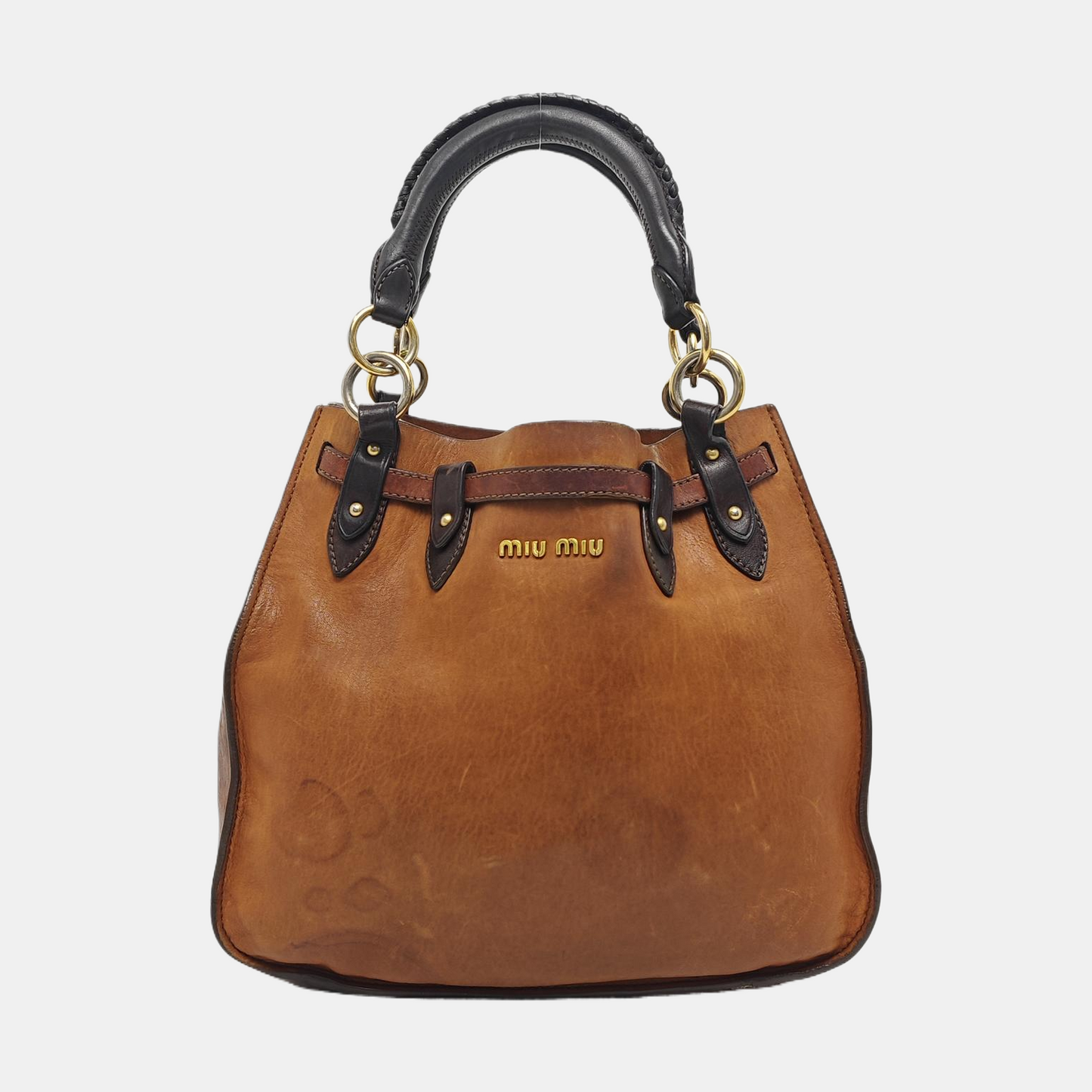 Miu Miu Tote bag Brown cowhide studded single shoulder bag handbag Golden hardware Pouch detachable shoulder strap-(SKU)-958962712