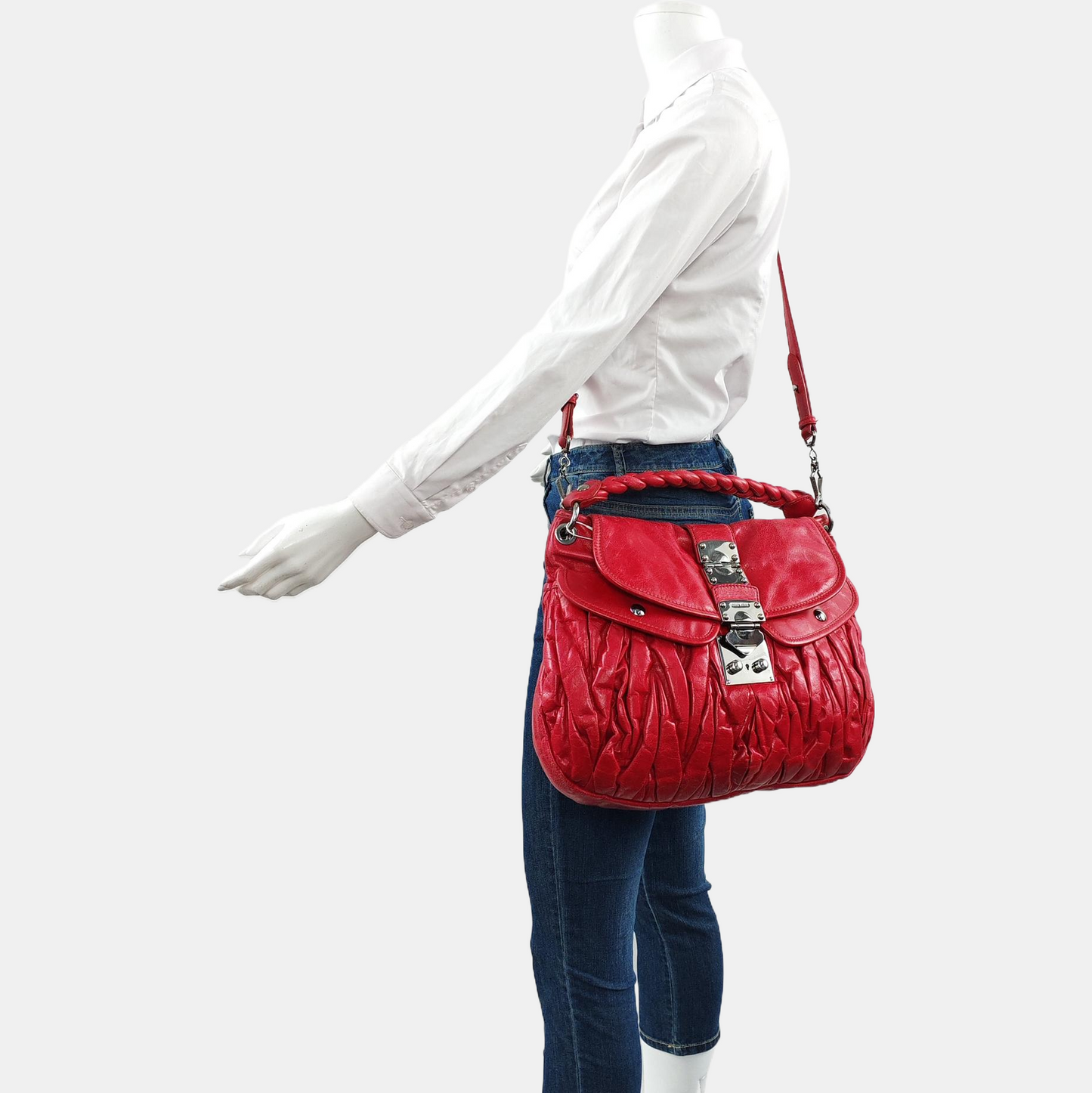 Miu Miu Miu Coffer Red Lamb Leather Quilted Woven Single Shoulder Bag Handbag Crossbody Silver Hardware Removable shoulder strap-(SKU)-959188889