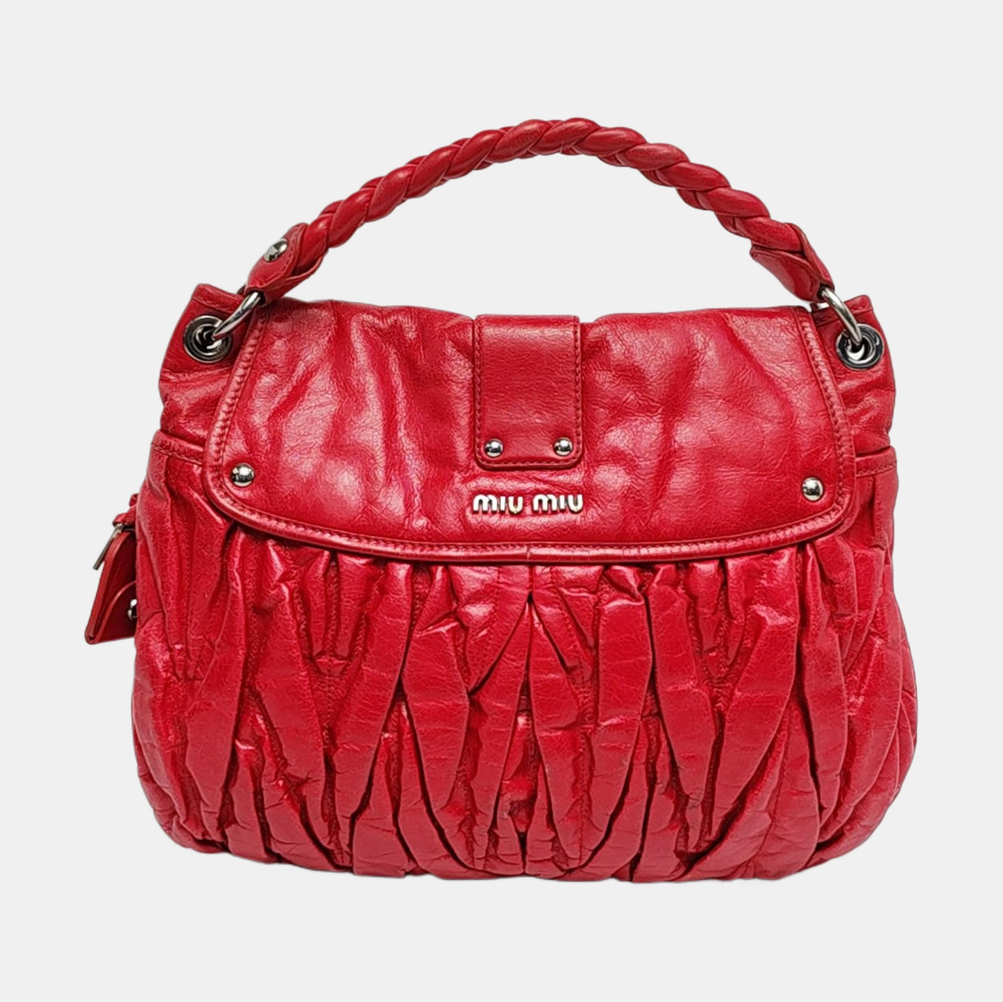 Miu Miu Miu Coffer Red Lamb Leather Quilted Woven Single Shoulder Bag Handbag Crossbody Silver Hardware Removable shoulder strap-(SKU)-959188889