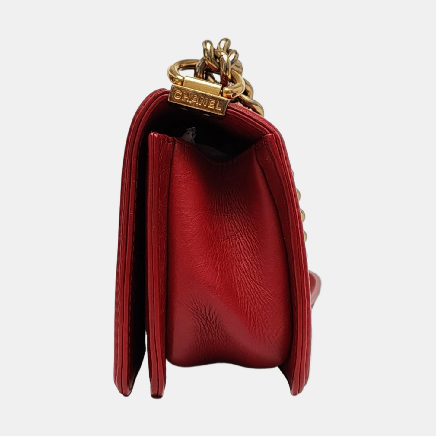 CHANEL BOY CHANEL Small Red Leather Quilted Shoulder Bag with Shoulder Strap and Handle, Gold Hardware, 23 Opening, Detachable Strap-(SKU)-955618123
