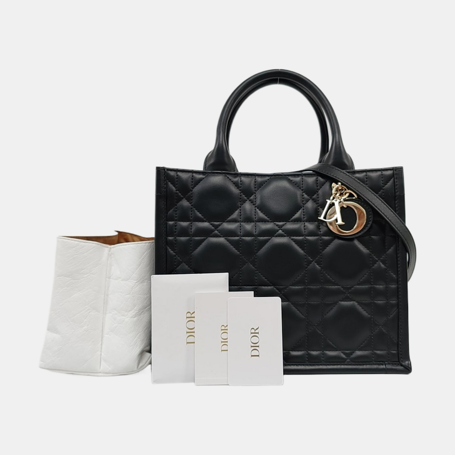 DIOR Book Tote Small Size Black Calfskin Cannage Quilted Single Shoulder Bag Tote Crossbody with Gold Hardware Removable Shoulder Strap-(SKU)-959333294