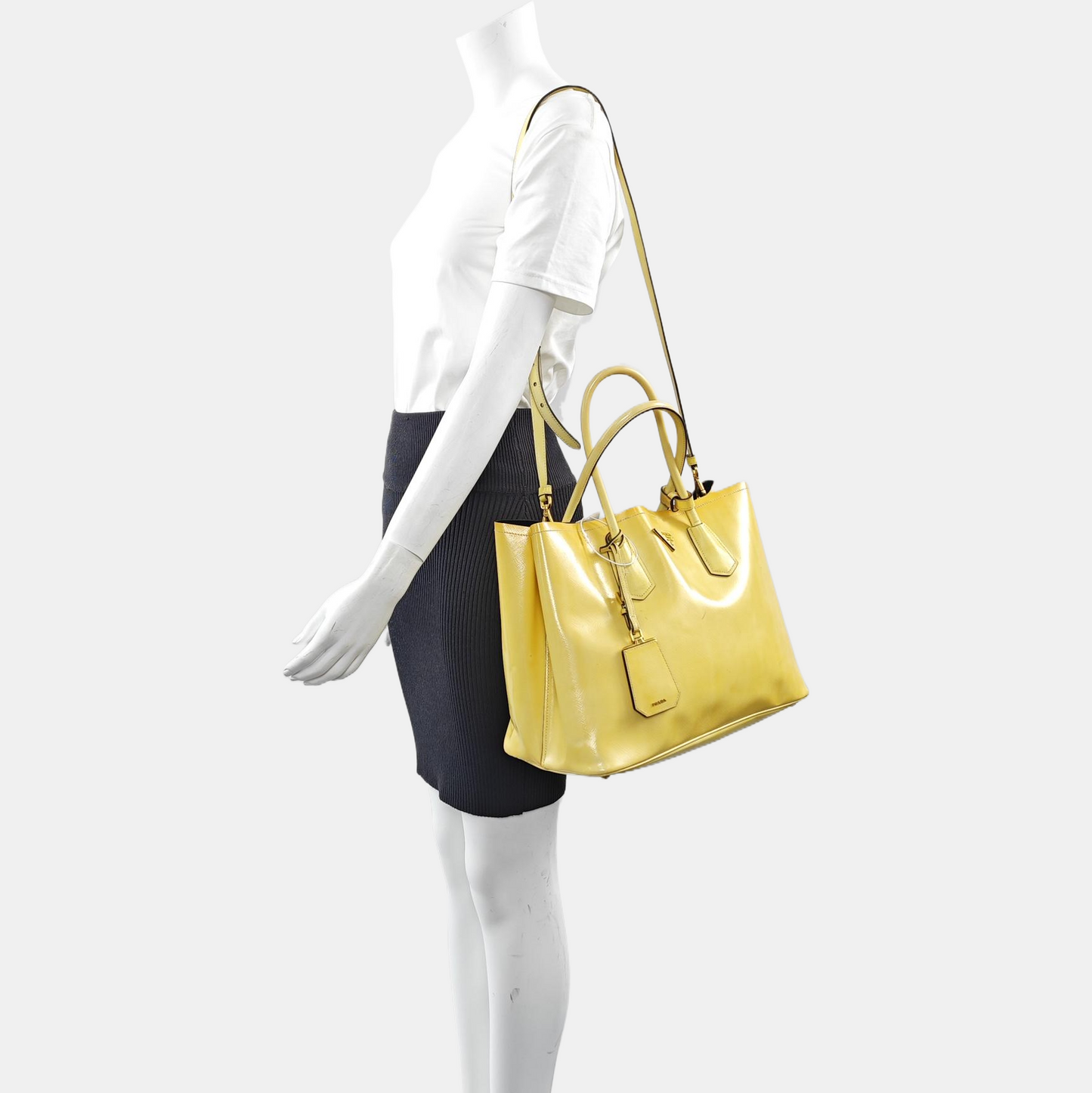 PRADA Double Yellow cowhide logo cross-grain shoulder bag Golden hardware Removable shoulder strap-(SKU)-945527362