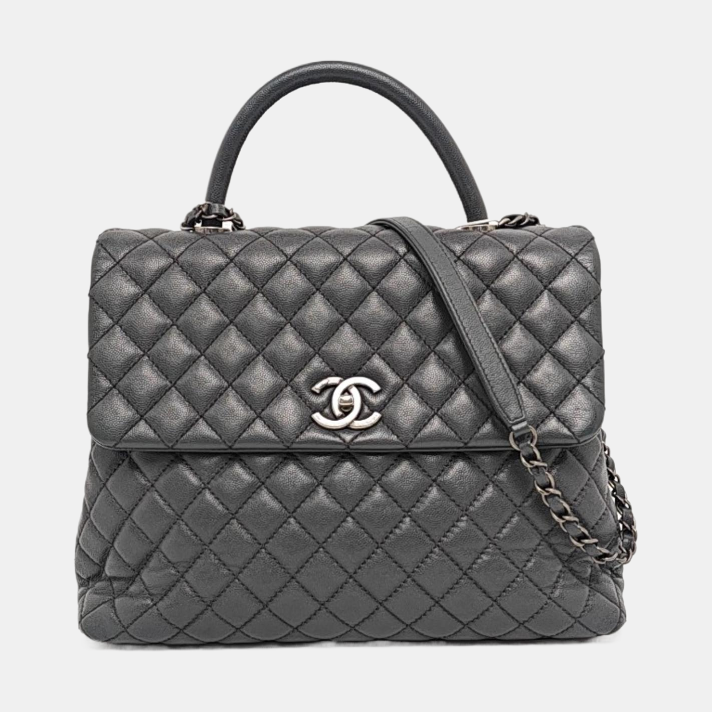 CHANEL COCO HANDLE Large Dark Grey Calfskin Quilted Shoulder Bag Tote Bag Crossbody Ruthenium Hardware 21cm-(SKU)-959419122