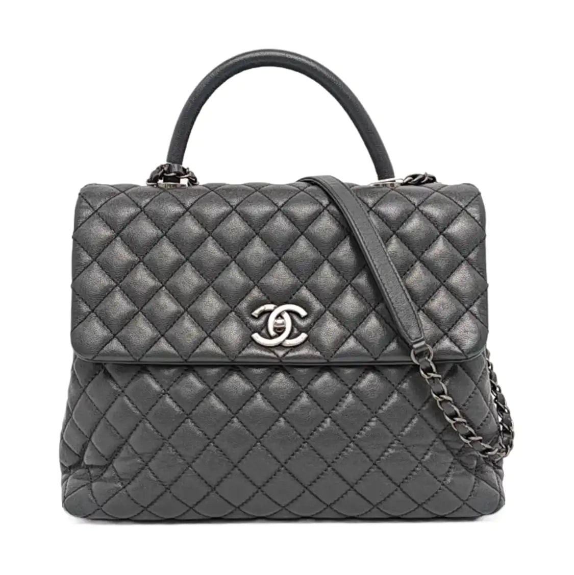 CHANEL COCO HANDLE Large Dark Grey Calfskin Quilted Shoulder Bag Tote Bag Crossbody Ruthenium Hardware 21cm-(SKU)-959419122