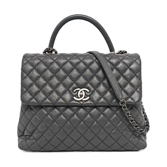 CHANEL COCO HANDLE Large Dark Grey Calfskin Quilted Shoulder Bag Tote Bag Crossbody Ruthenium Hardware 21cm-(SKU)-959419122