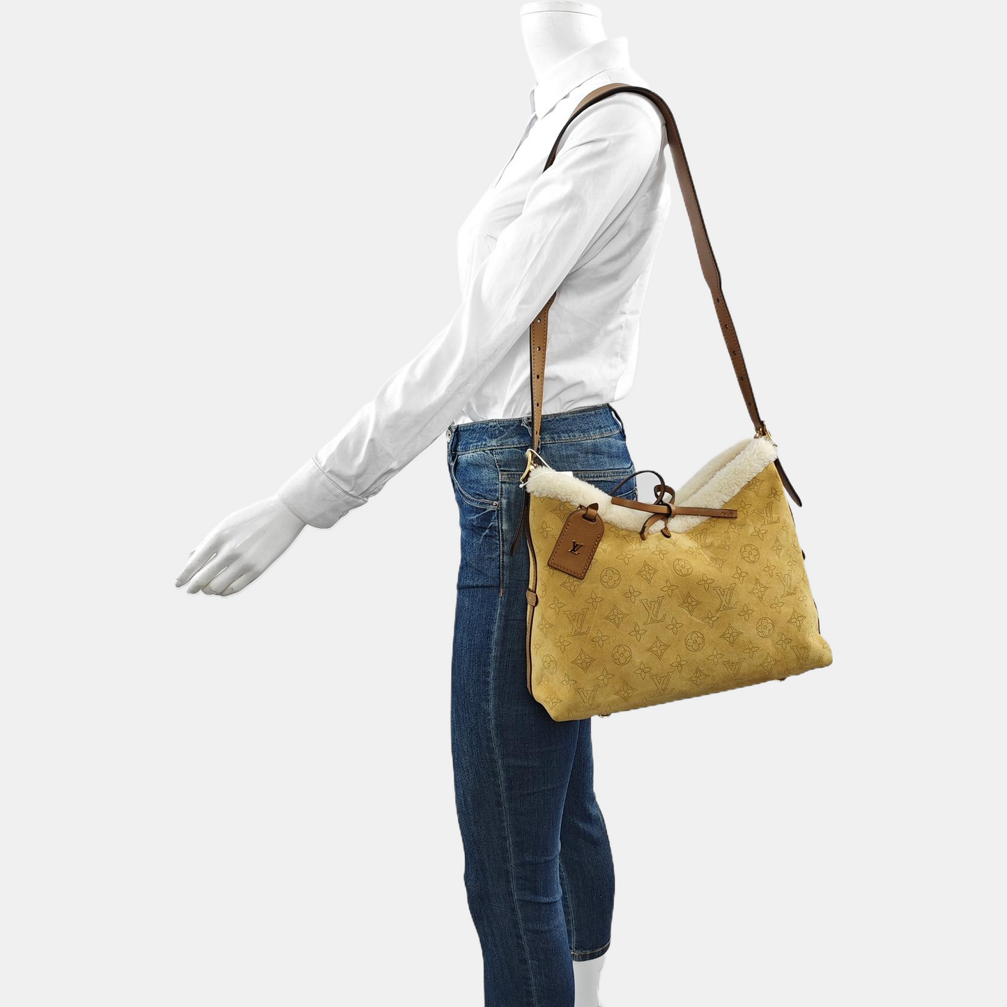LOUIS VUITTON CARRYALL Small Khaki Suede Coated Canvas Monogram Single Shoulder Bag Tote Bag Golden Hardware Removable Shoulder Strap Accessories Included-(SKU)-959452825