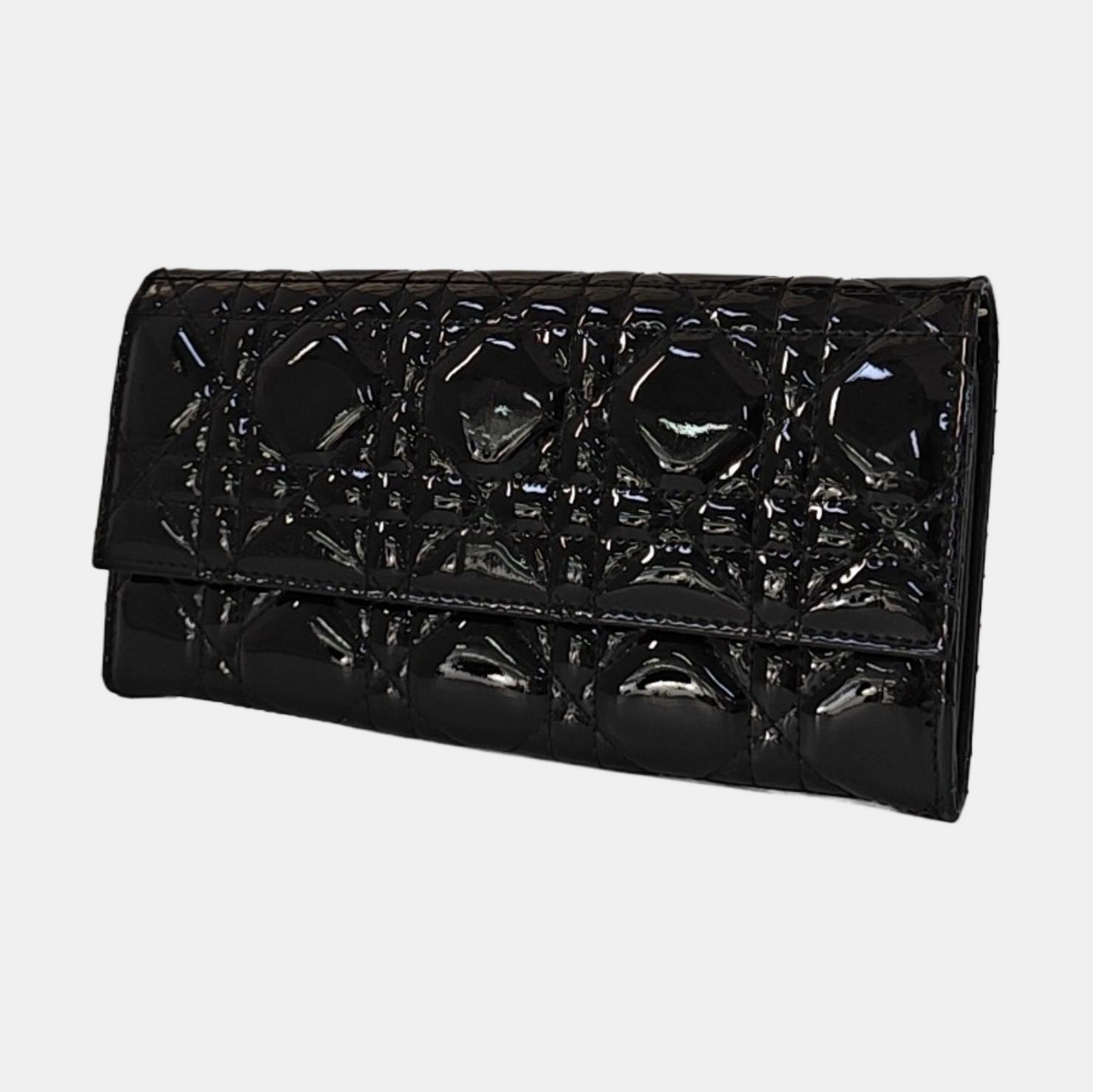 DIOR Lady Dior Black patent leather cannage quilted wallet Silver Hardware-(SKU)-959523317
