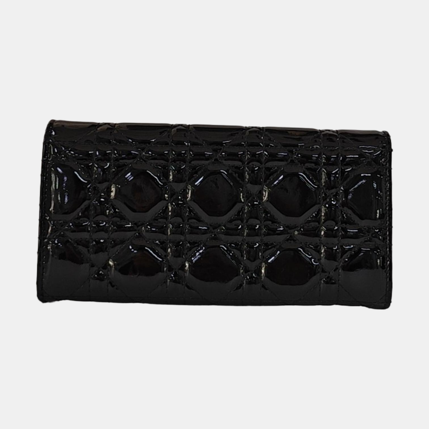 DIOR Lady Dior Black patent leather cannage quilted wallet Silver Hardware-(SKU)-959523317