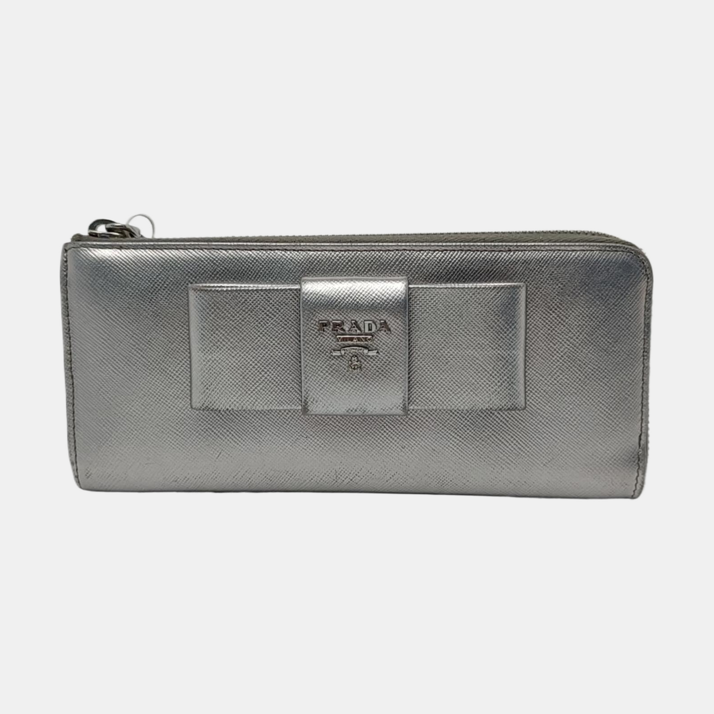 PRADA Silver Cowhide Crosshatch Pattern Wallet Silver Hardware-(SKU)-959593939