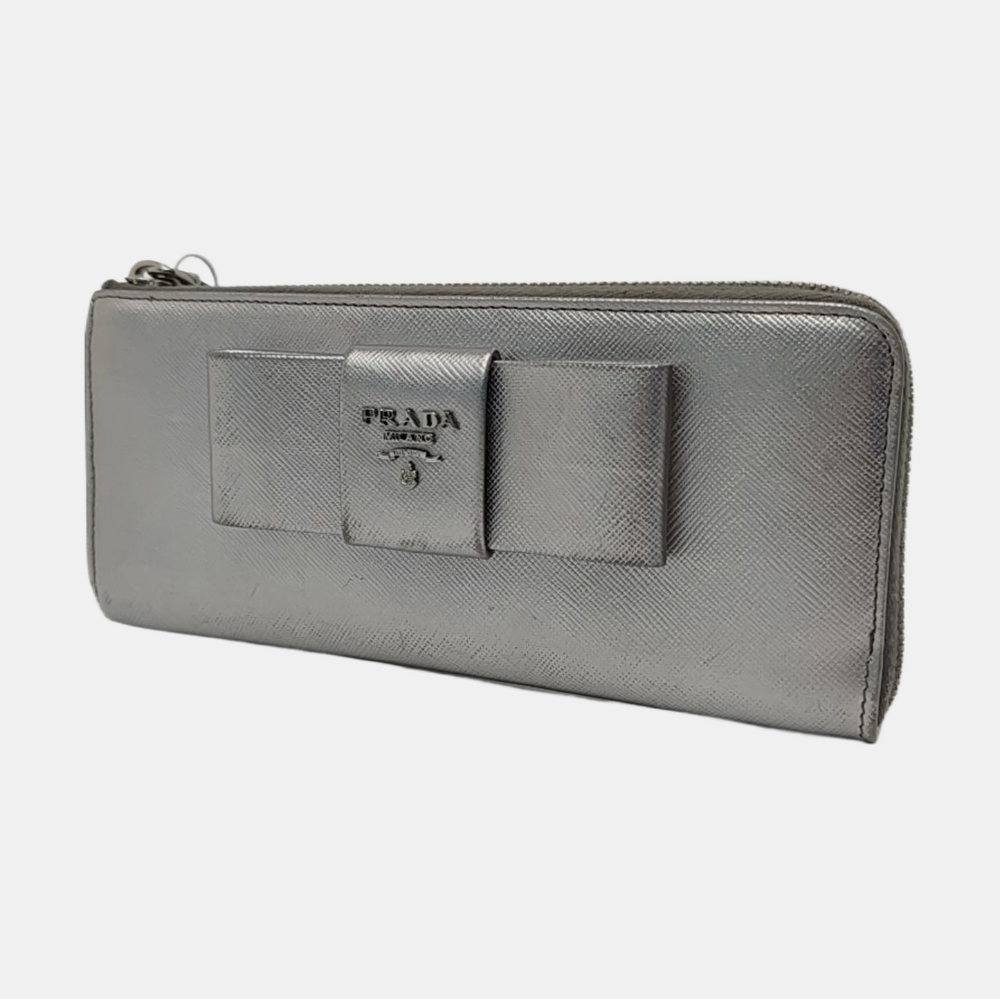 PRADA Silver Cowhide Crosshatch Pattern Wallet Silver Hardware-(SKU)-959593939