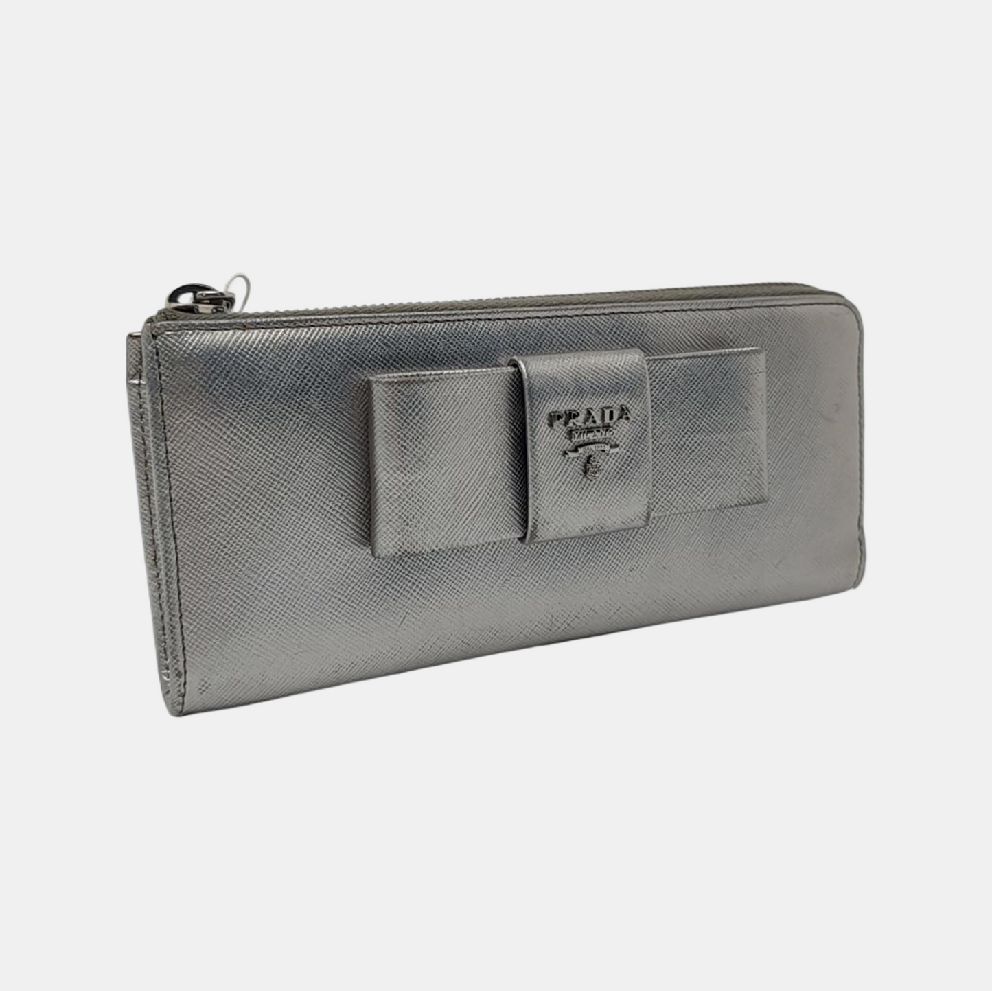 PRADA Silver Cowhide Crosshatch Pattern Wallet Silver Hardware-(SKU)-959593939