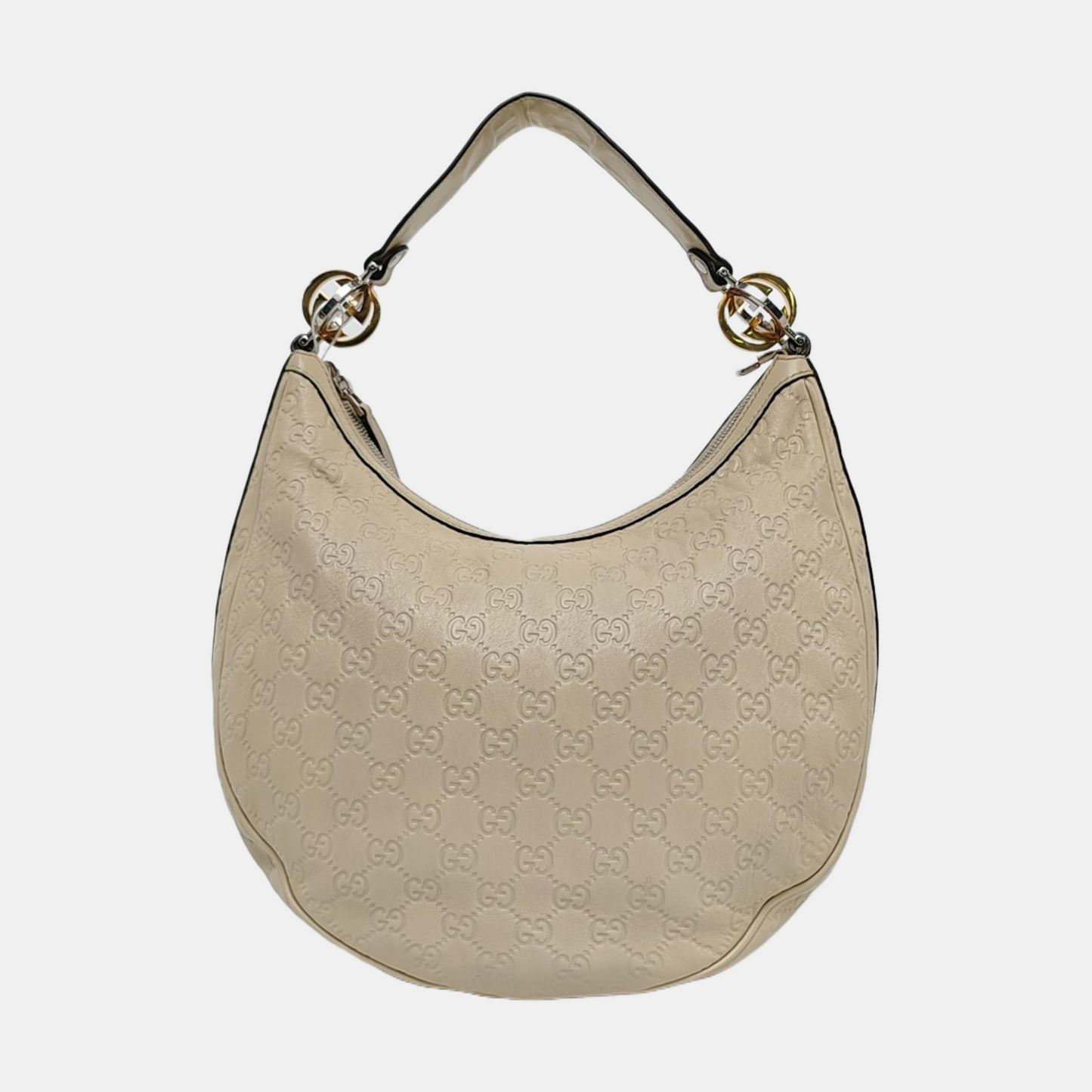 GUCCI Beige Cowhide Monogrammed Tote Handbag Single Shoulder Bag Golden hardware-(SKU)-959591778